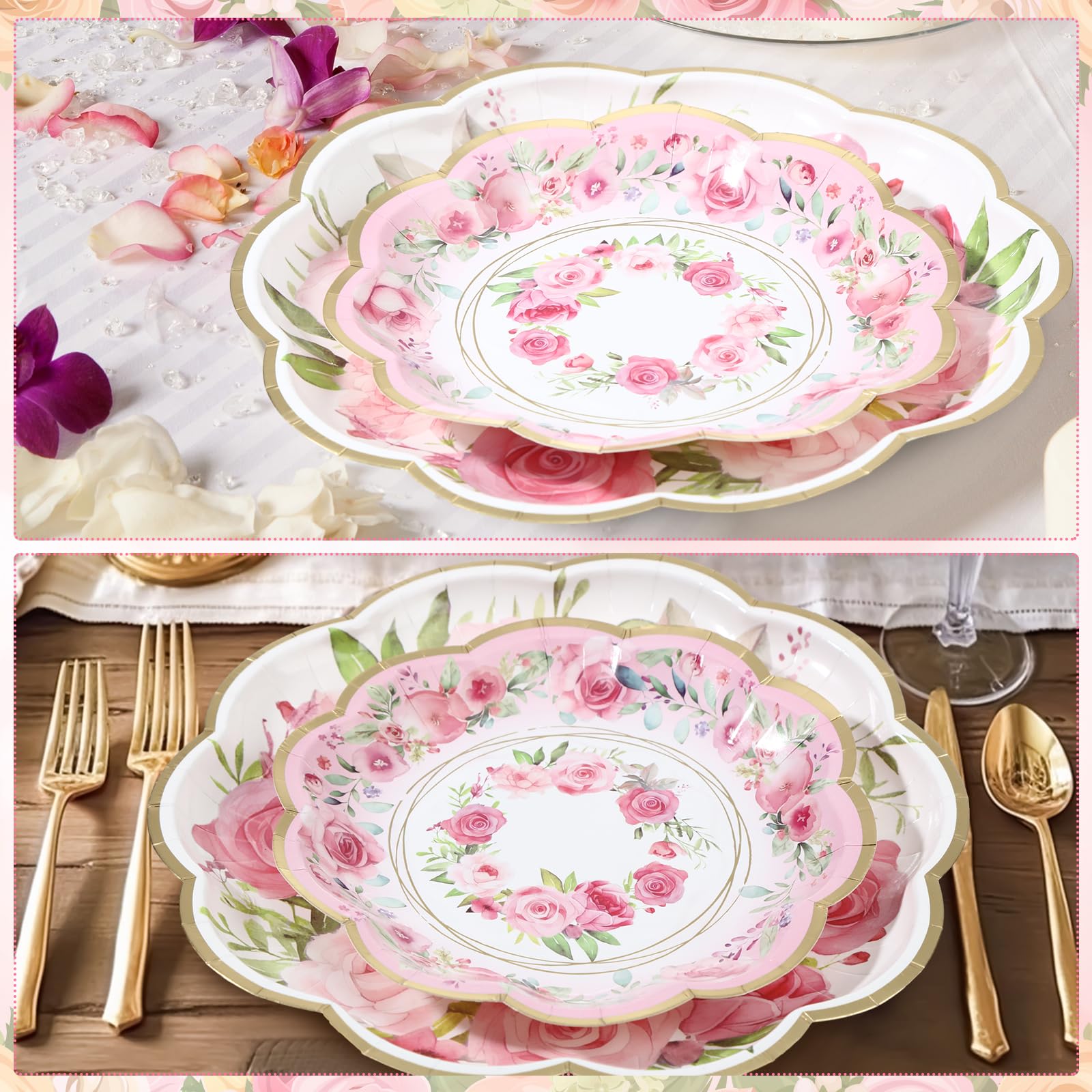 Tanlade 96 Stück rosa Teller und Servietten mit Blumenmuster, 24 Stück, Einweg-Papierteller mit gewelltem Rand, 2-lagige Papierservietten für Hochzeit, Geburtstag, Dekoration, Partyzubehör