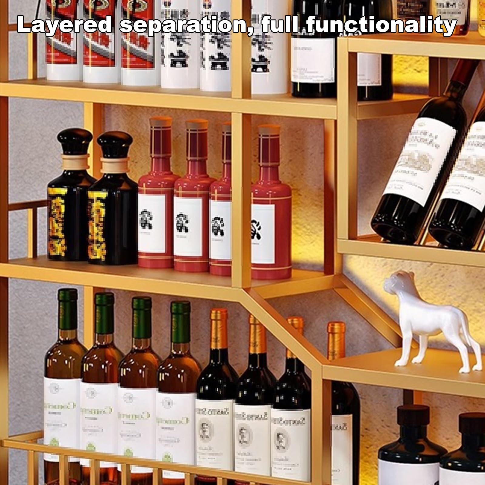 Botellero Vino Pared Botellero Moderno de Hierro Lacado a Alta Temperatura, Wall Mounted Wine Rack con Luces Led y Portavasos para Cocina, Comedor, Bar(120 * 20 * 125cm)