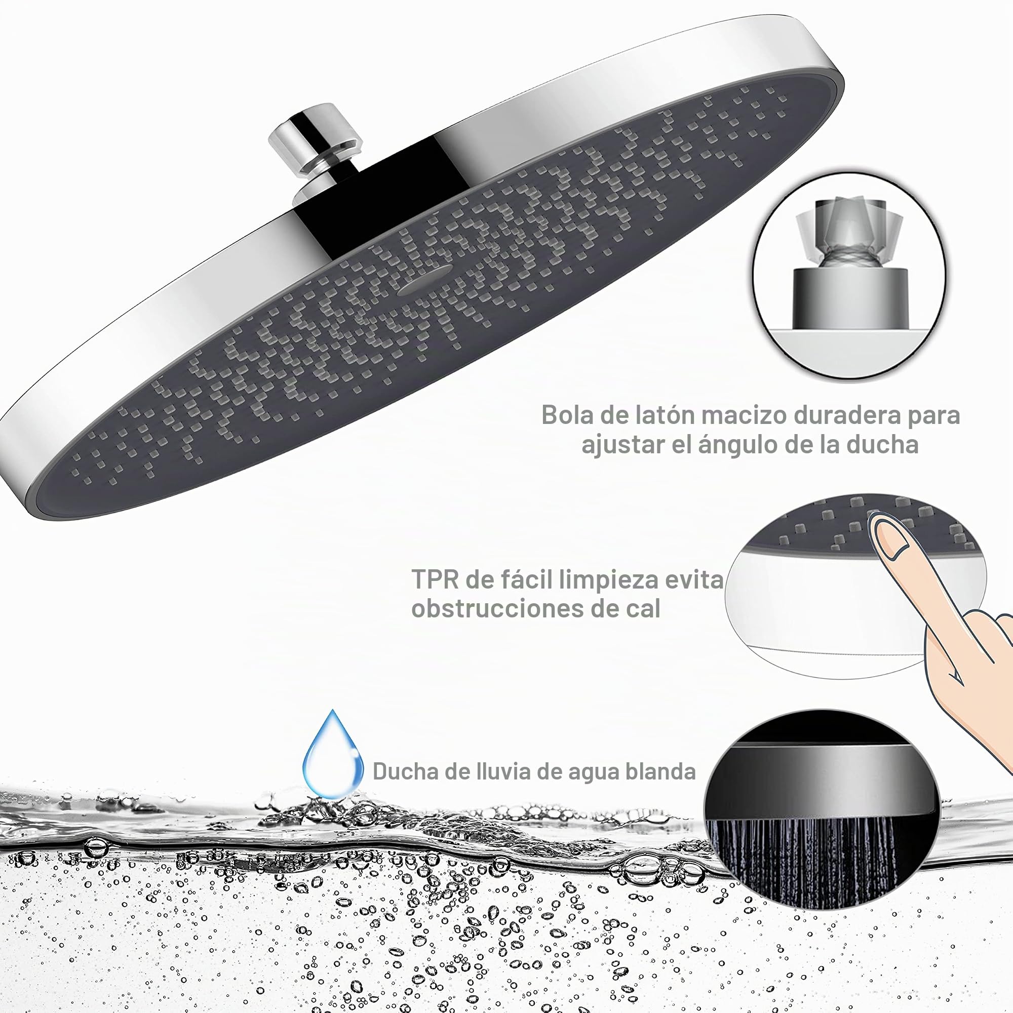 Alcachofa de ducha, rociador ducha 260 mm, juego de ducha premium. Ducha de Masaje Rociador para Spa (Cromo)