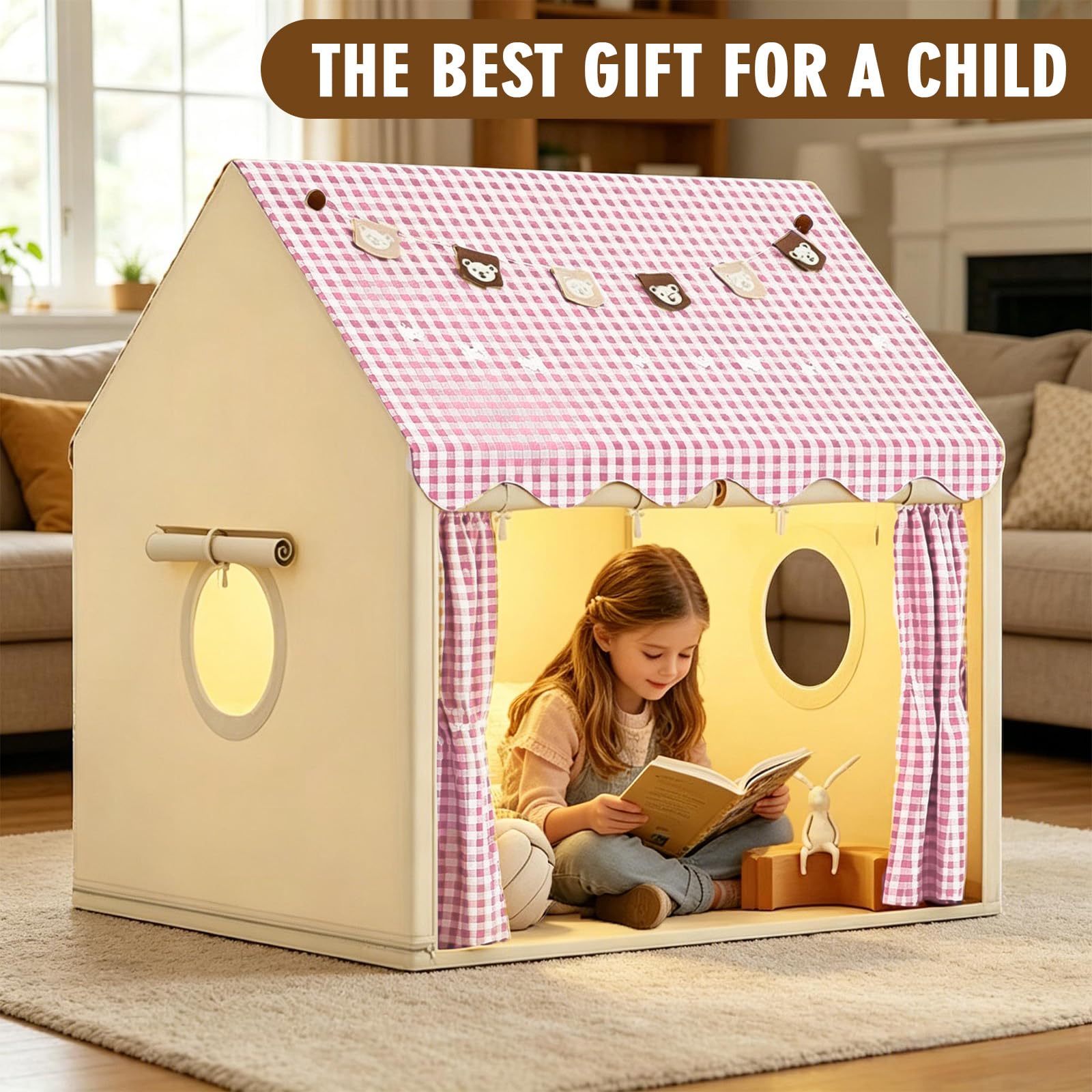 MeYuxg Kinderzelt Indoor,Prinzessin Zelt mit Fenstern und Kleine Bär Bunte Fahnen,120×105×128cm Innenbettzelt für Kleinkinder,Spielzelt für drinnen,Kinder Spielhaus für Jungen und Mädchen