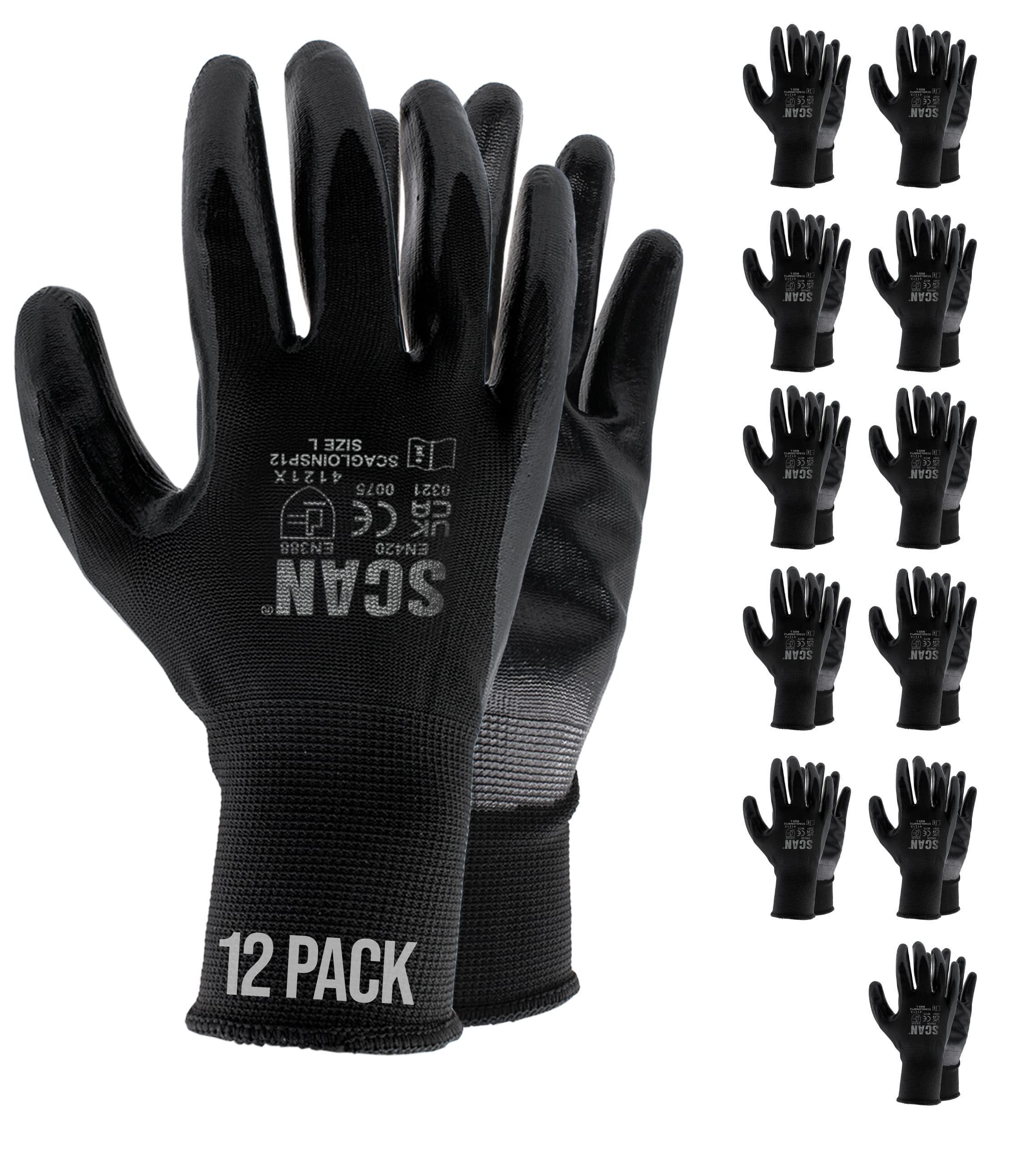 Scan SCAGLOINS12X 12 works Inspection Gloves Nitrile Coated - Extra Large (Size 10), Black, Extra Large (10)