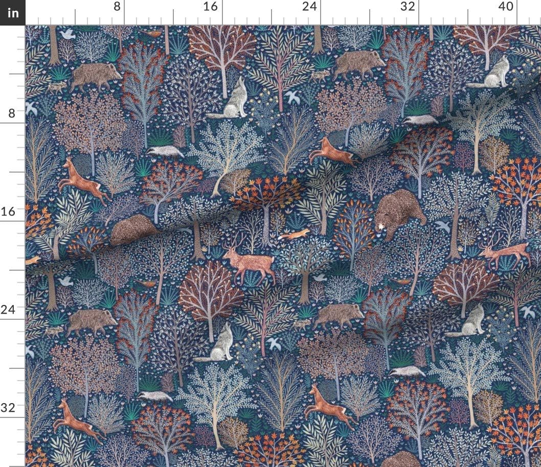 Spoonflower Fabric - Woodland Animals Forest Creatures Nighttime Rustic Trees Printed on Petal Signature Cotton Fabric by The Yard - Sewing Quilting Apparel Crafts Decor