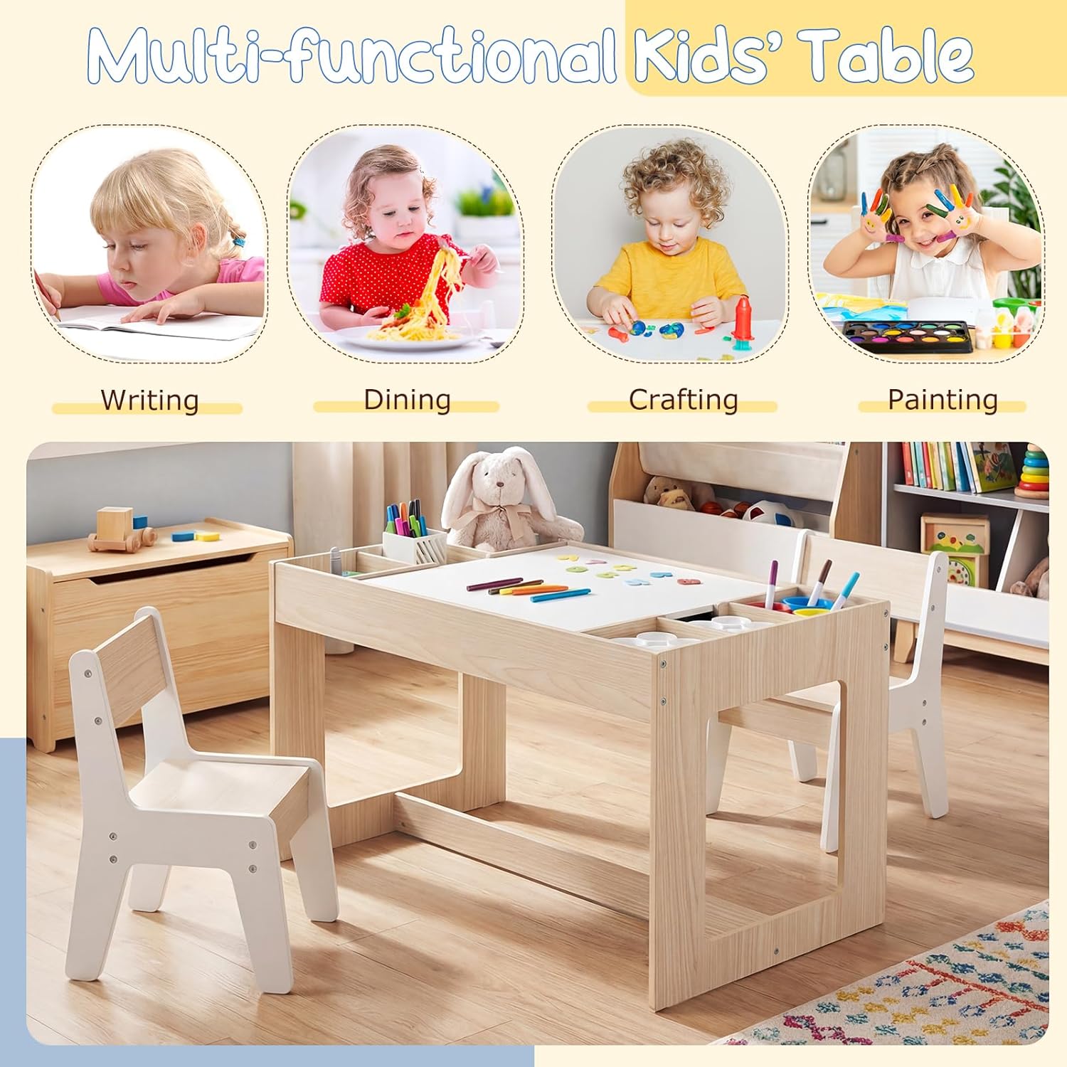 Costzon Table and Chairs for Kids 2-5, 4-1 Wooden Activity Desk Set w/Whiteboard, Chalkboard & Storage Cubes for Drawing, Crafting, Playing, Toddler Table and Chair Set (31.5” x 19.5” x 19”,Natural)