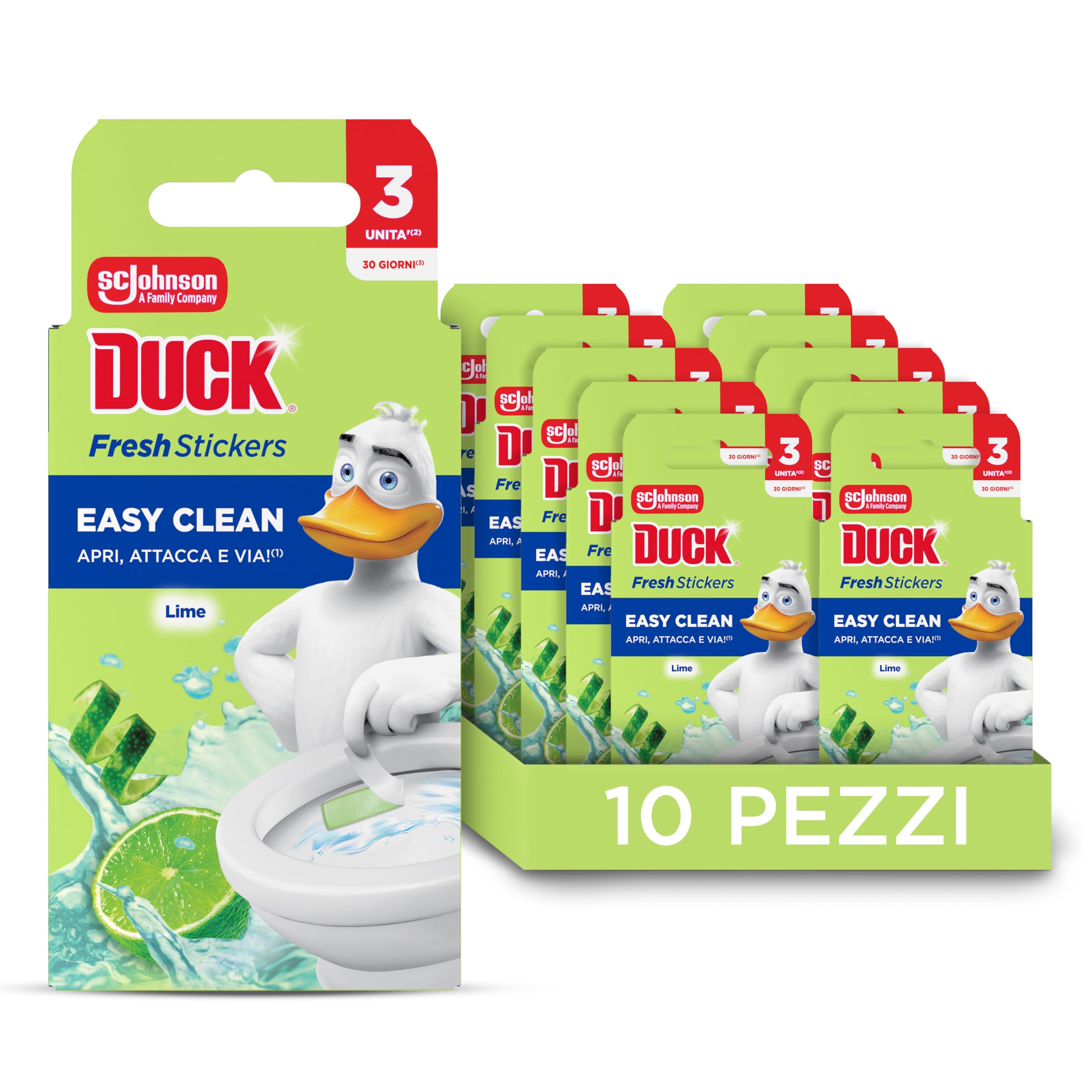 Duck Fresh Stickers - Strisce Adesive Gel Igienizzanti WC, Profumo Lime, Formato Scorta da 10 Confezioni, 30 Strisce