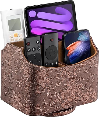 LAMOTI Leather 360 Spinning TV Remote Caddy - Organizador de escritorio de 5 compartimentos para controles remotos universales, teléfonos, tabletas