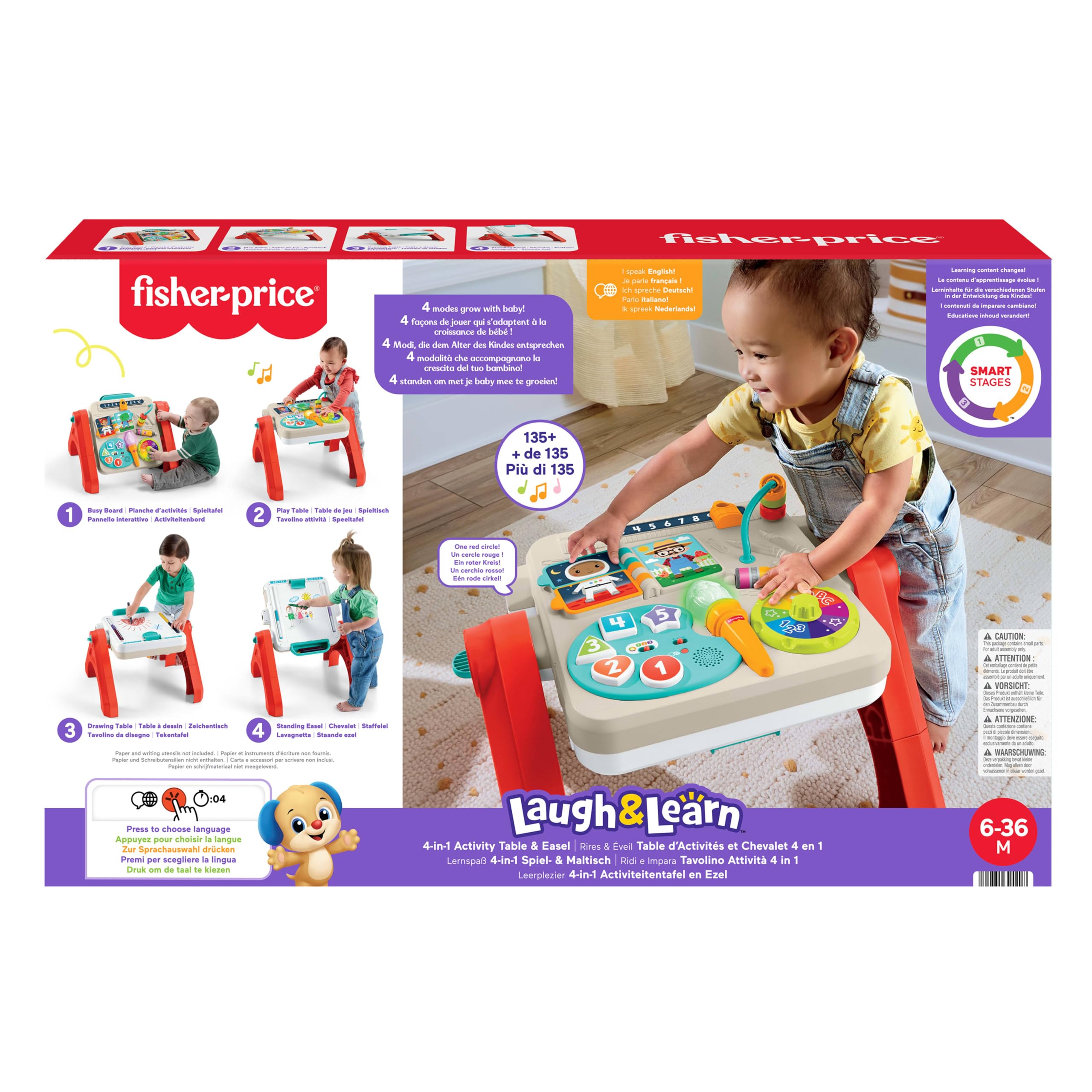 Fisher-Price Lernspaß-Spielzeug für Babys und Kleinkinder, entwicklungsfördernder 4-in-1 Spieltisch und Staffelei mit Musik ab 6 Monaten, mehrsprachige Version, JGW87
