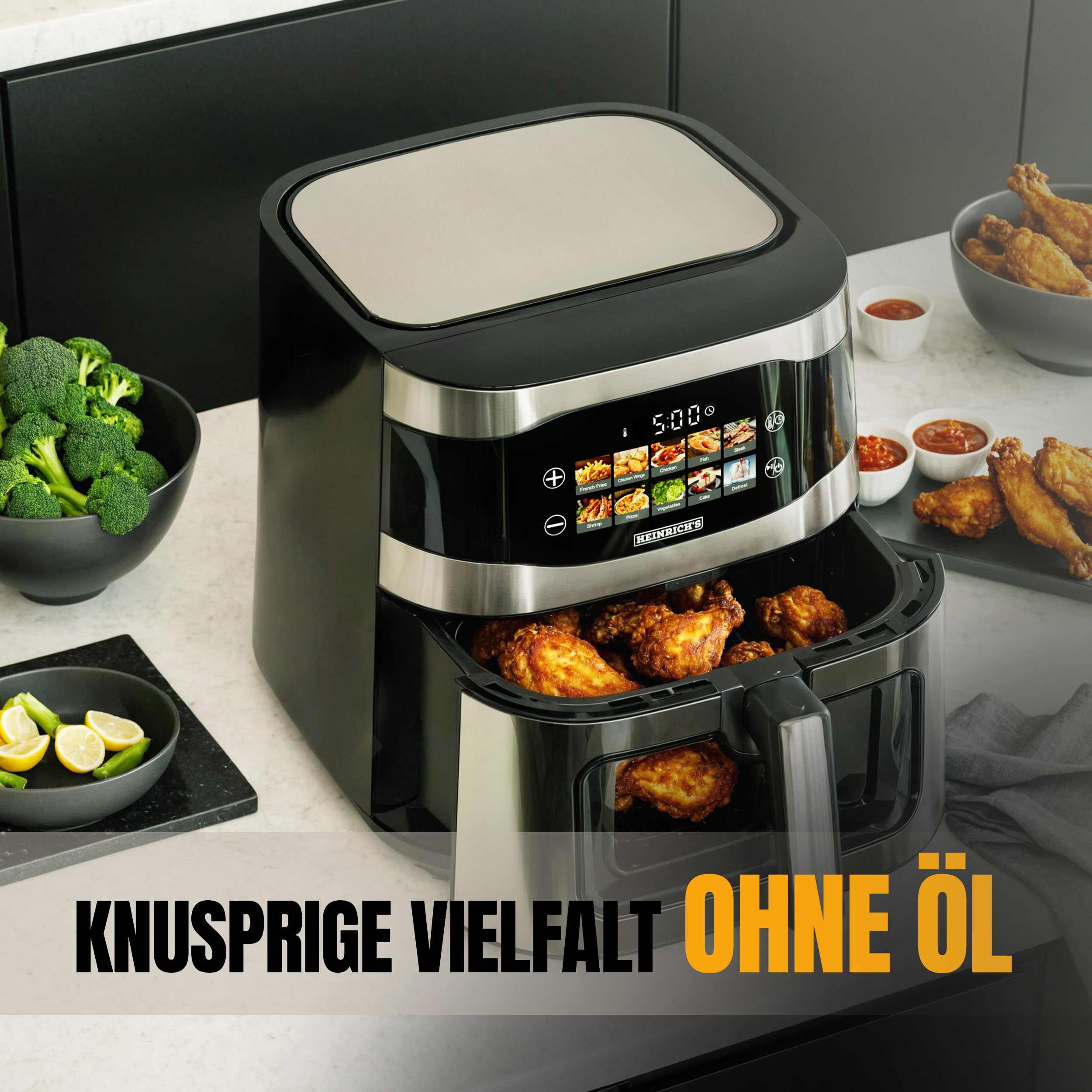HEINRICHS Heißluftfritteuse, 9 Liter XXL Air Fryer, 10in1 Heißluftfritteuse, LED-Display mit Sensor-Touch Bedienung, fettfreie Zubereitung, inkl. Timer, platzsparend, spülmaschinenfester Korb, 1800W