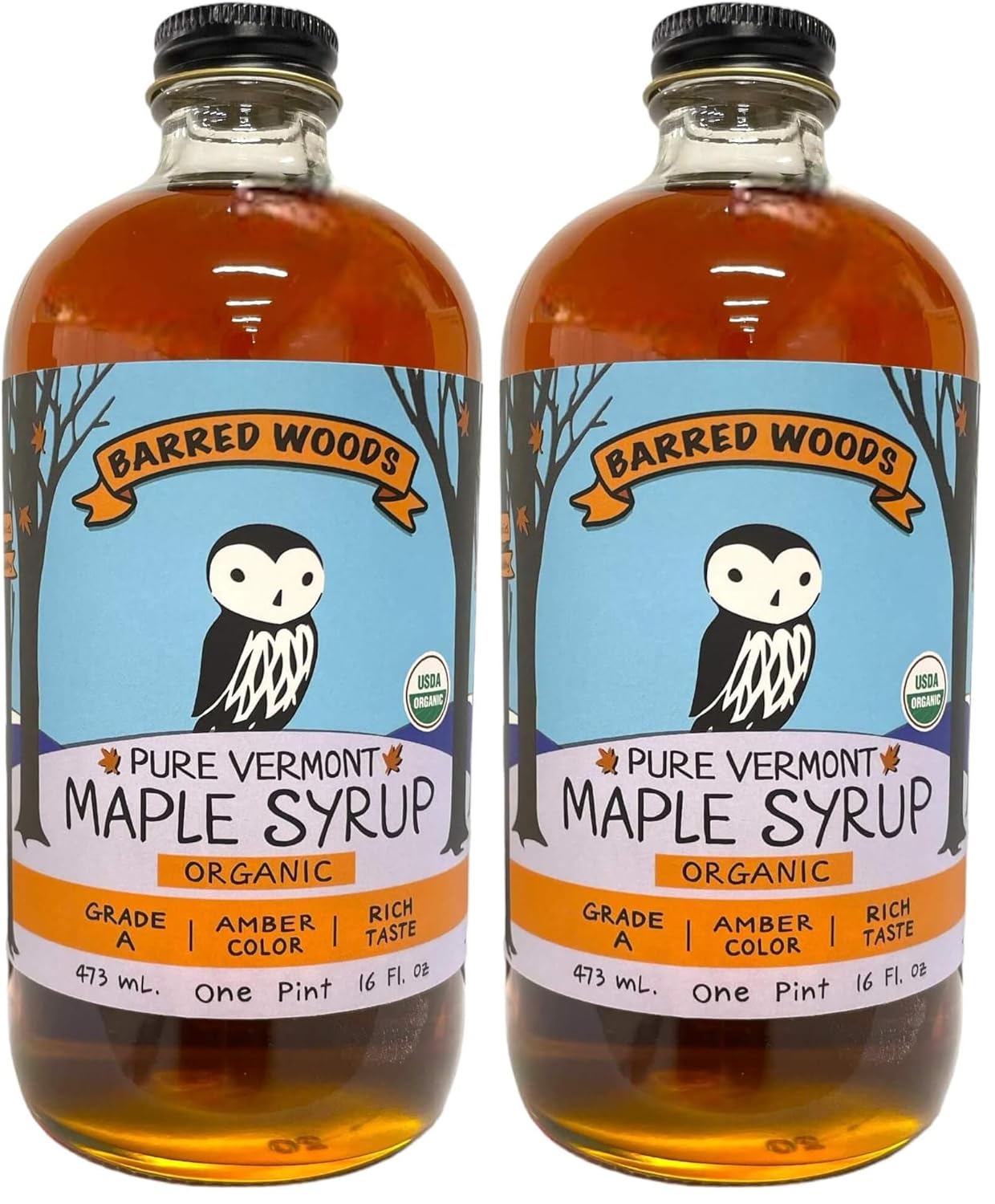 Organic Pure Vermont Maple Syrup in Glass Bottle - From Barred Woods Maple (Grade A Amber Rich, Pint (16 oz)) (Pack of 2)