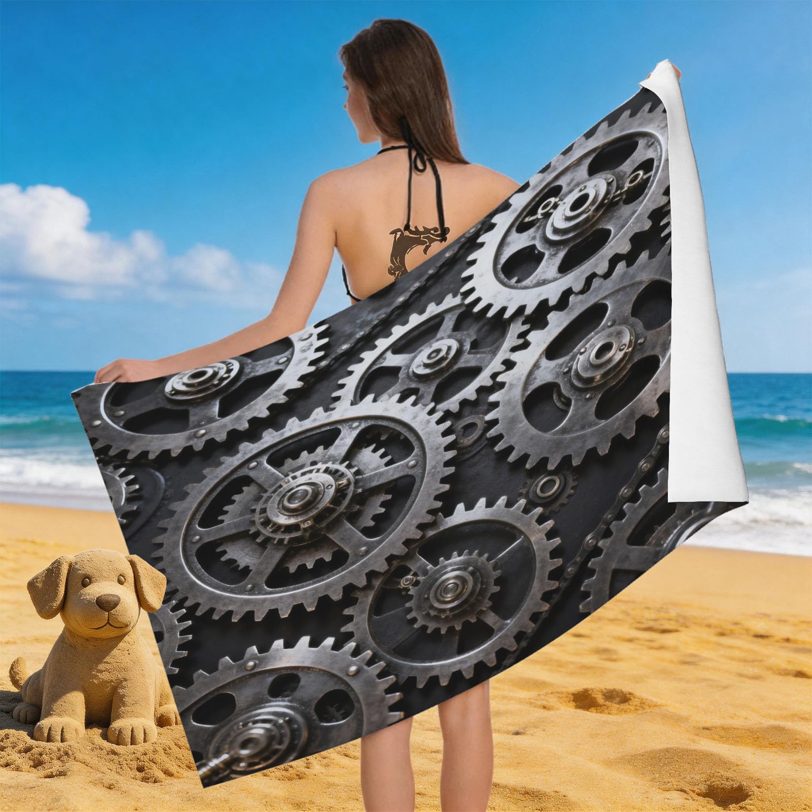 Leichong 3D Machinery Beach Towel Microfiber Soft Quick Dry for Adults, Gear Bath Towel Lightweight Soft Absorbent for Travel Swimming Pool Sports, 75 x 150 cm