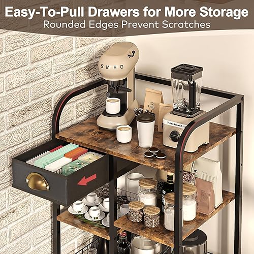 Miniatura 2 de keomaisyto Barra de café con ruedas, mesa de centro móvil con cajón de almacenamiento, carrito de café ajustable de 4 niveles, estación de barra de