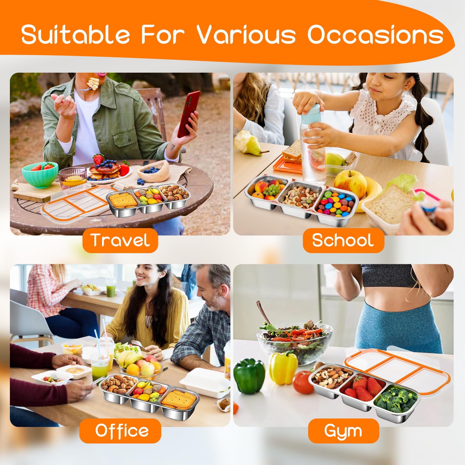 Caja De Aperitivos De Acero Inoxidable, Caja De Aperitivos para Niños con 3 Compartimentos, para Dulces, Verduras, Especias