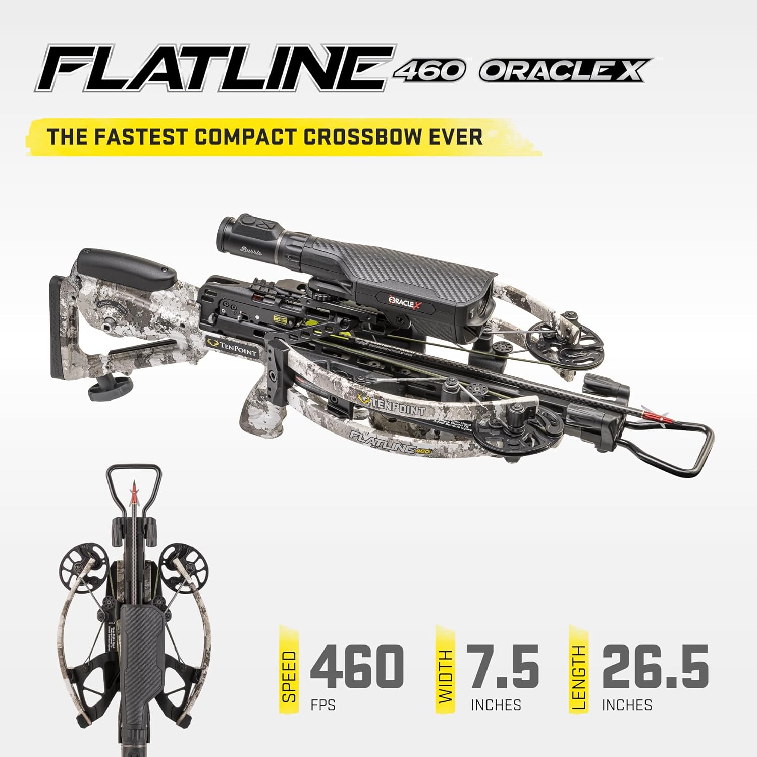 TenPoint Flatline 460 Oracle X Crossbow - 460 FPS - Includes Burris Oracle X Rangefinding Scope, ACUslide Cocking & De-Cocking System & 6 EVO-X 16 Arrows