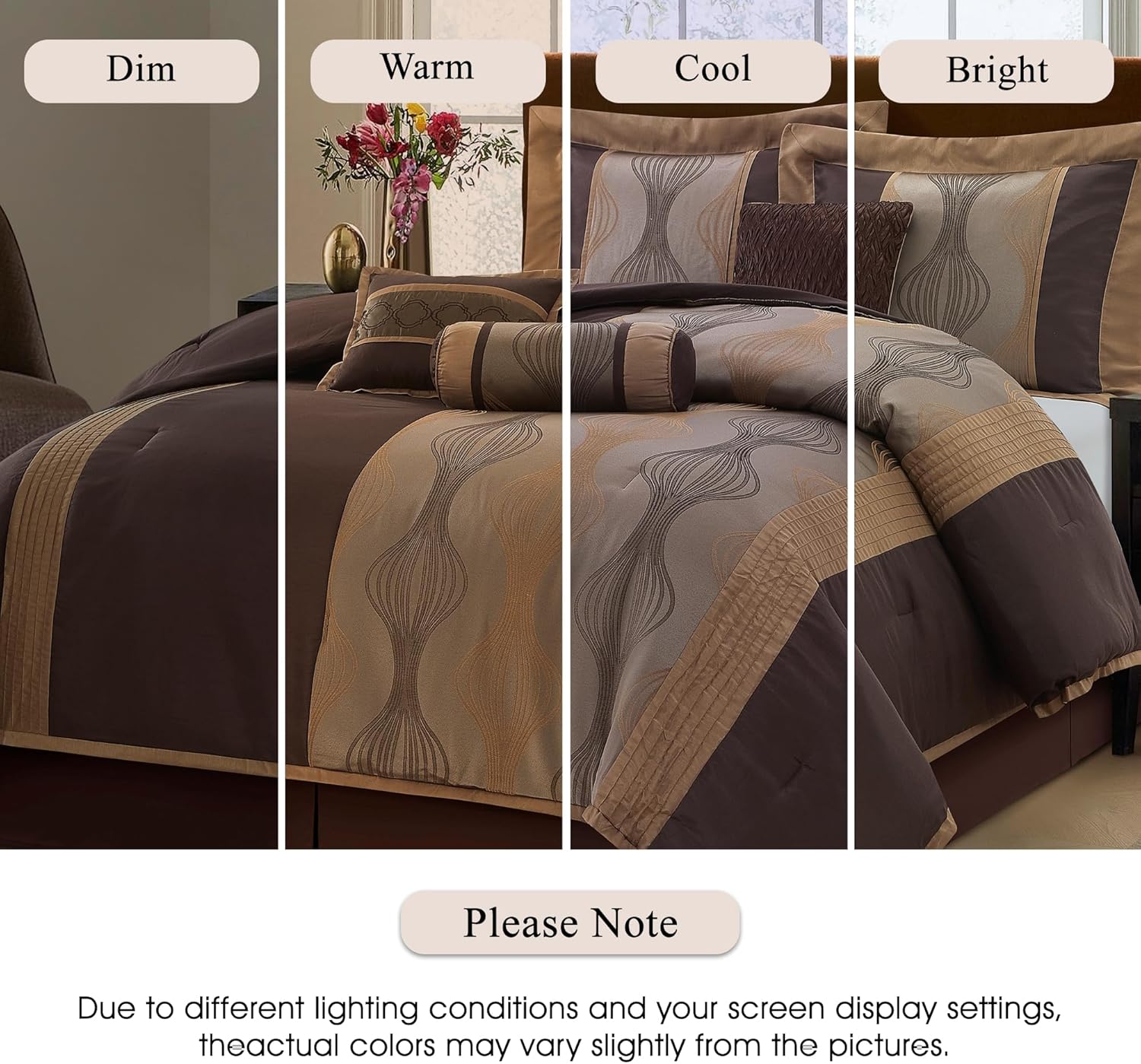 Stratford Park Elegant Brown Comforter Set,7 Piece Bed in a Bag, Cal King Size, Striped, Jacquard Bedding Set All Season, Matching Decorative Pillows, Pillow Sham - Image 5