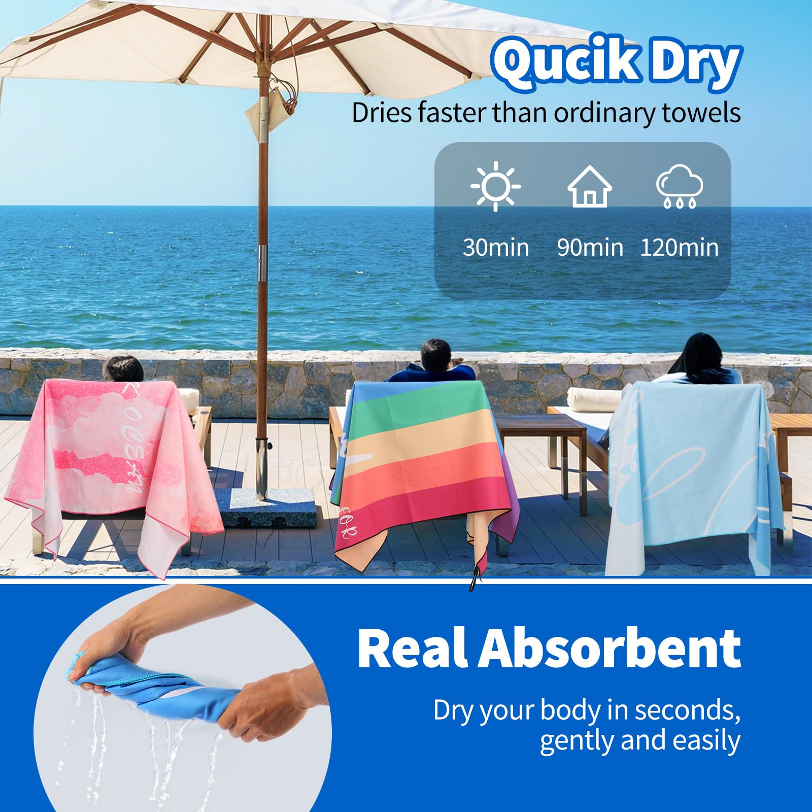 RansaDreama 3-Piece Oversized Beach Towel, 30 x 60 Inches, Quick Drying, Highly Absorbent for Beach, Outdoor, Pool, Fitness