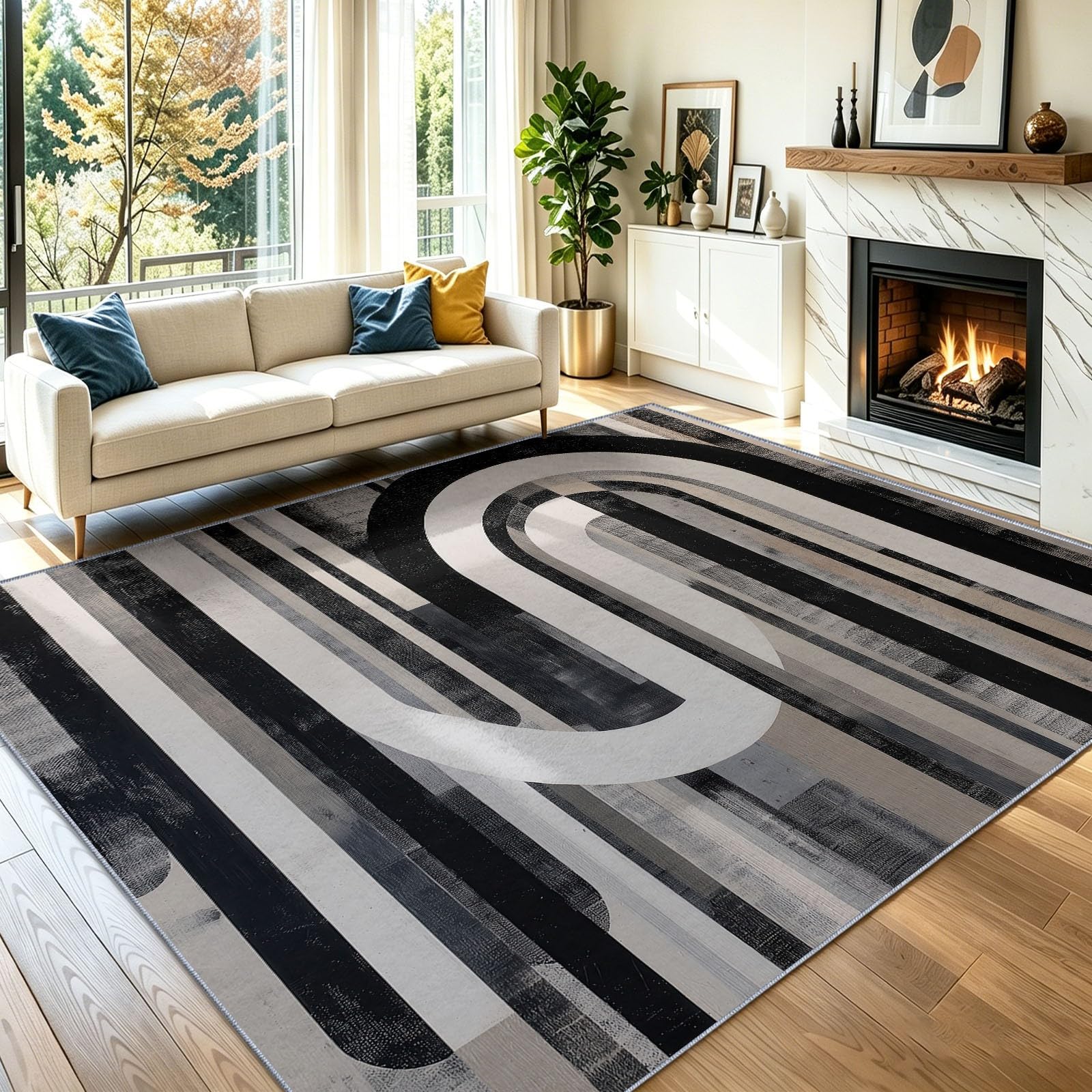 Tapis de salon abstrait 90x150 cm lavable et antidérapant multicolore