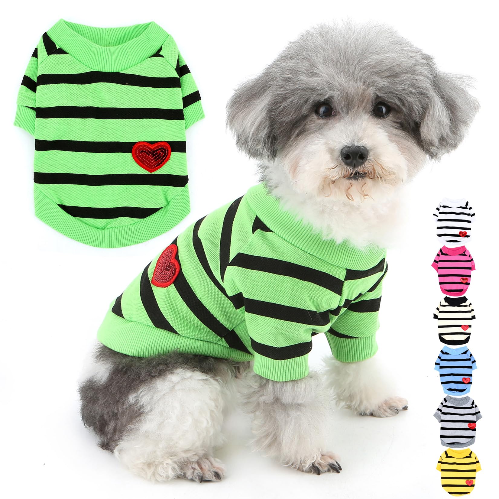 Zunea Dog Shirts for Small Dogs Summer Basic T-Shirt Striped Puppy Clothes Sequins Love Heart Sweatshirt Soft Short Sleeve Tee Shirt Pet Clothing Pullover Chihuahua Apparel Green S — image 1