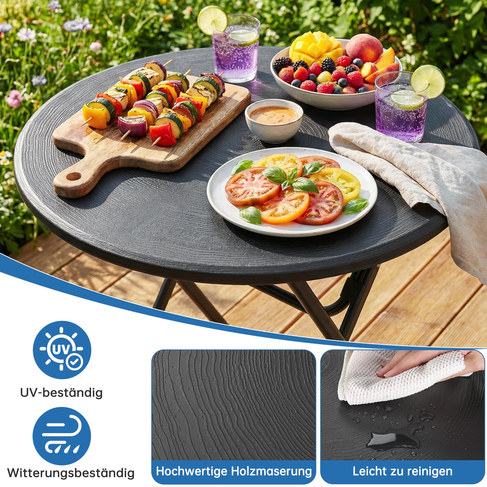 LIFERUN Gartentisch Rund Holz-Optik, Klapptisch, Beistelltisch HxD: 72x60 cm, Balkontisch mit 4PCS Tischbeine, Campingtisch Wetterfest, Pflegeleicht, Hohe Stabilität, für Balkon, Garten & Terrasse
