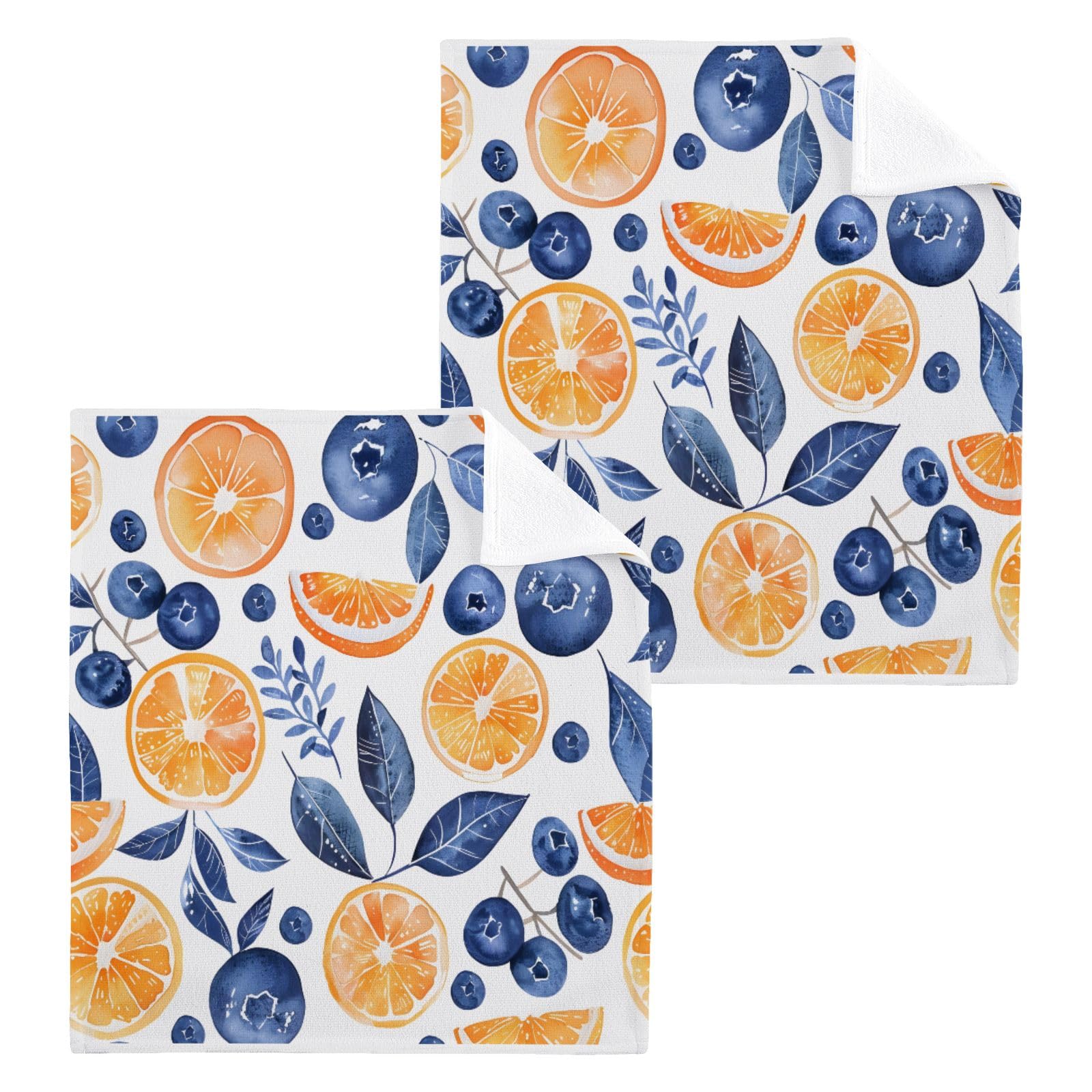 ALAZA Wash Cloth Set 100% Cotton Fingertip Towels Face Cloths Sets Blueberry Oranges Highly Absorbent Soft Feel Set of 2