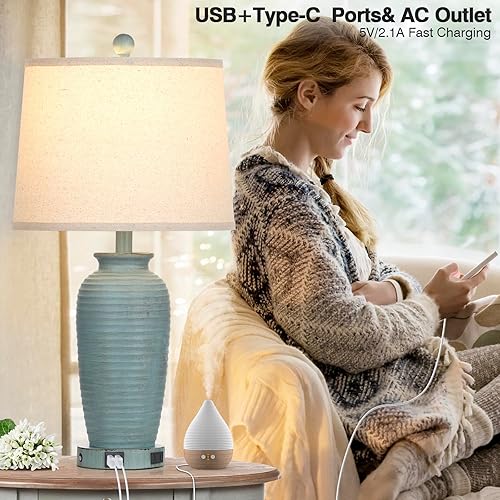 Miniatura 9 de Juego de 2 lámparas de mesa con tarro de granja de 25 pulgadas, control táctil de 3 vías, lámparas de noche rústicas con puertos USB A+C y salida