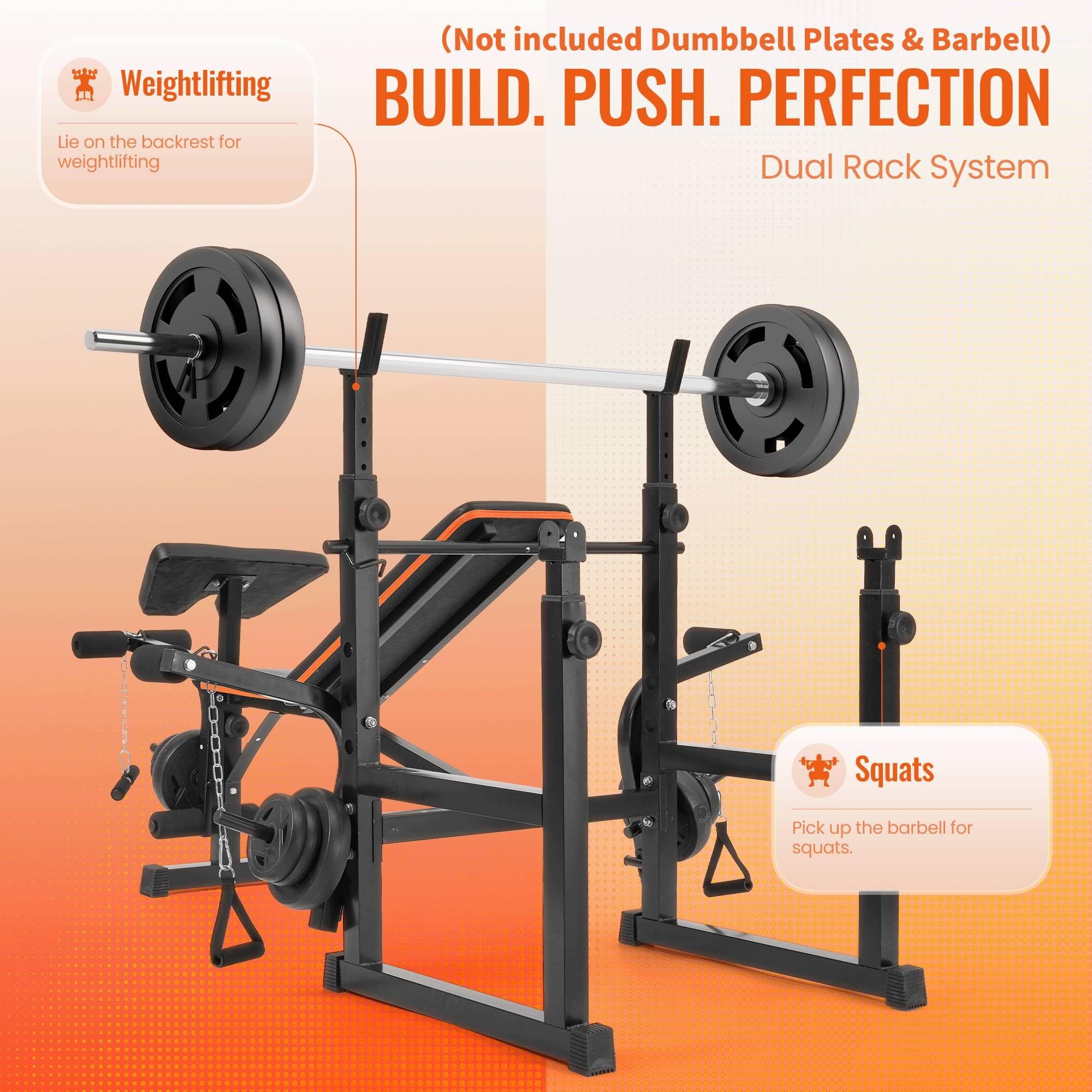 Weight Bench with Squat Rack, Adjustable Workout Bench with Preacher Curl Pad, Leg Extension & Curl, Safety Bar Catches, 600 lbs Capacity All-in-One Strength Training Bench for Home Gym