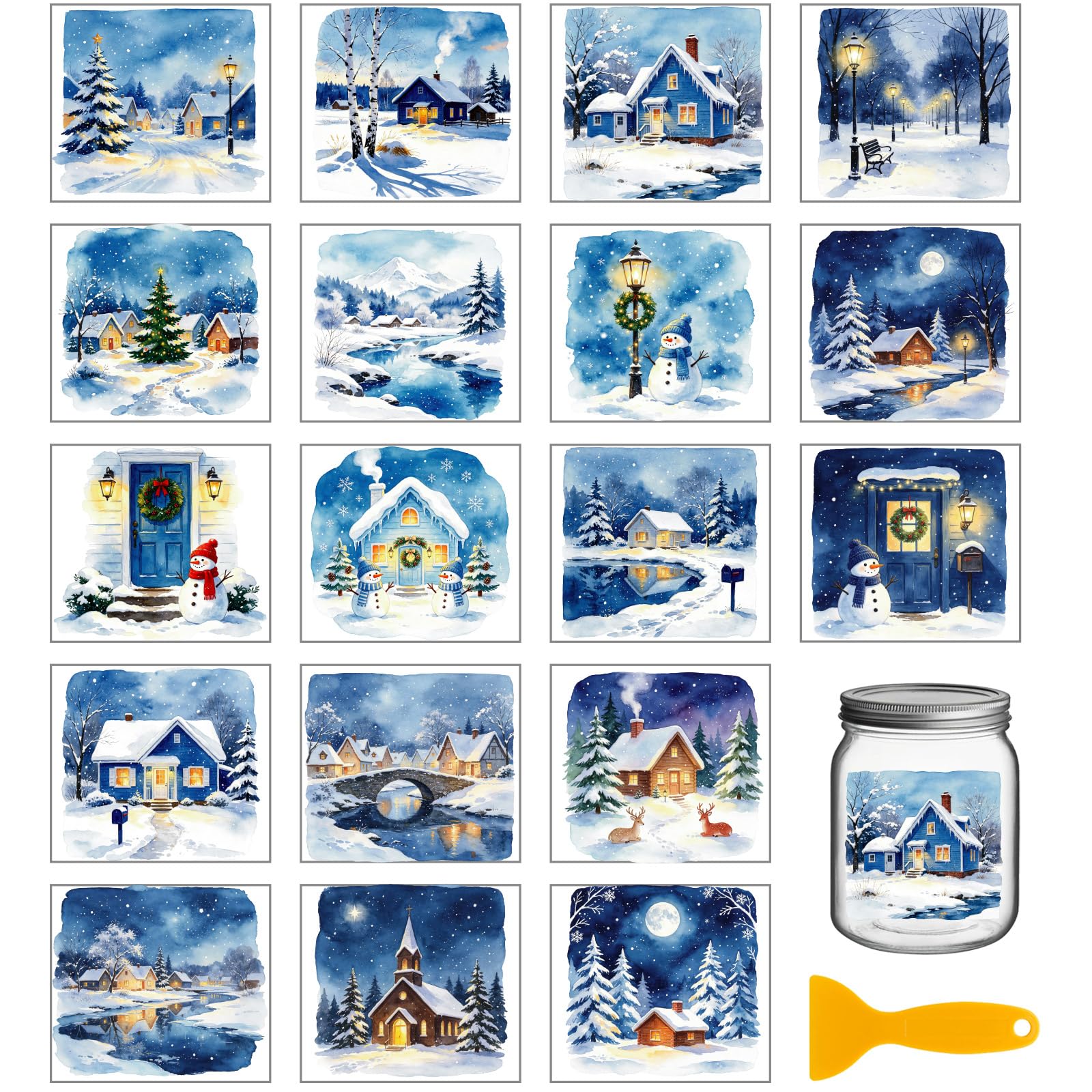 GLOBLELAND 18 Sheets Christmas Winter Scenery Rub on Transfers Sticker 3.9x3.6 Inch Winter House Snowman Decals Transfer Stickers for DIY Crafts Bottle Vase Glass Cup Window Decor