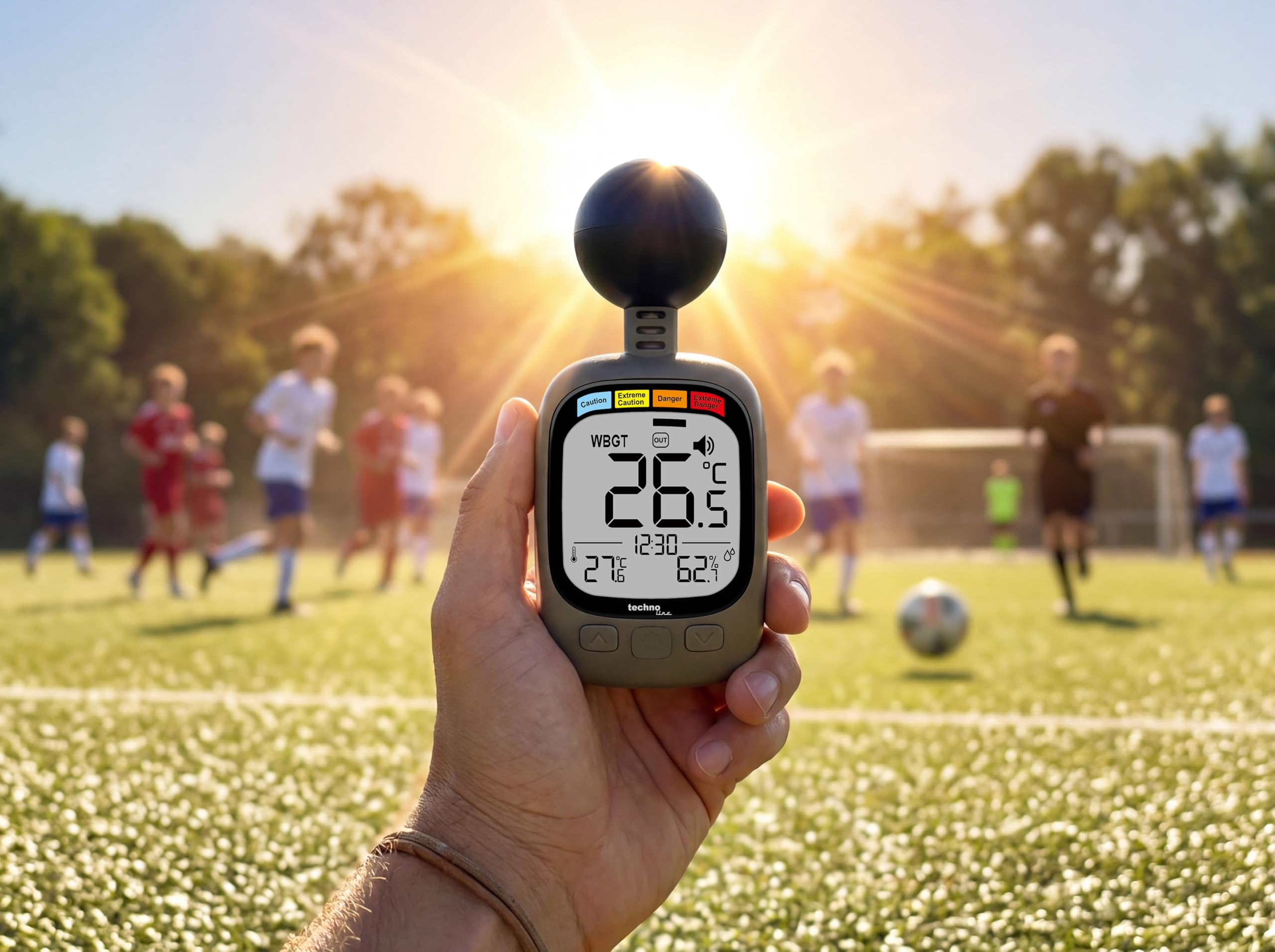 technoline EA 3060 WBGT - Medidor de estrés térmico con indicador de temperatura y humedad | Sistema de alerta WBGT | Interior/Exterior | Función de alarma | Ideal para deportes, trabajo y actividades