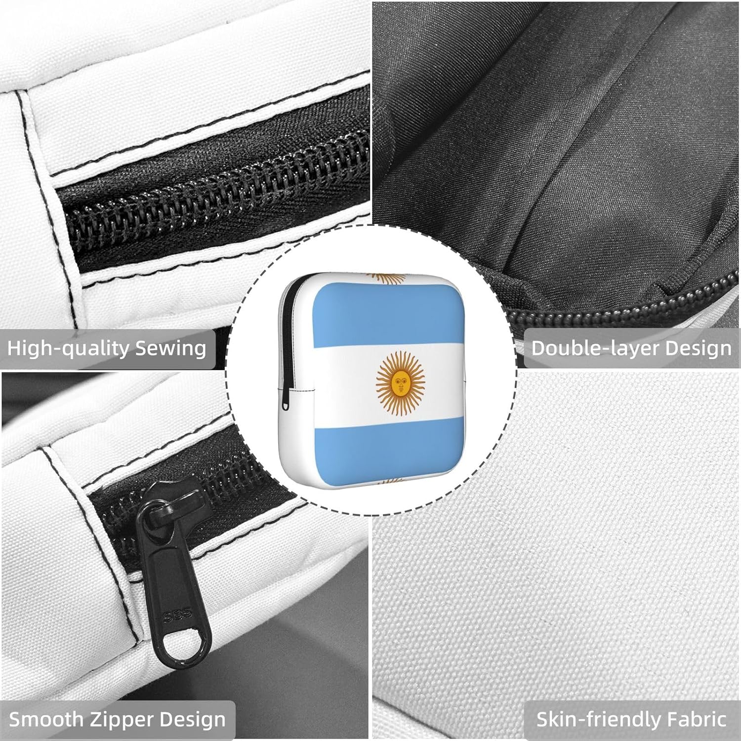 Argentine Flag Print Women Period Bag Sanitary Pouch Portable Pad Pouch Tampon Holder Small Zipper Pouch Storage Bag