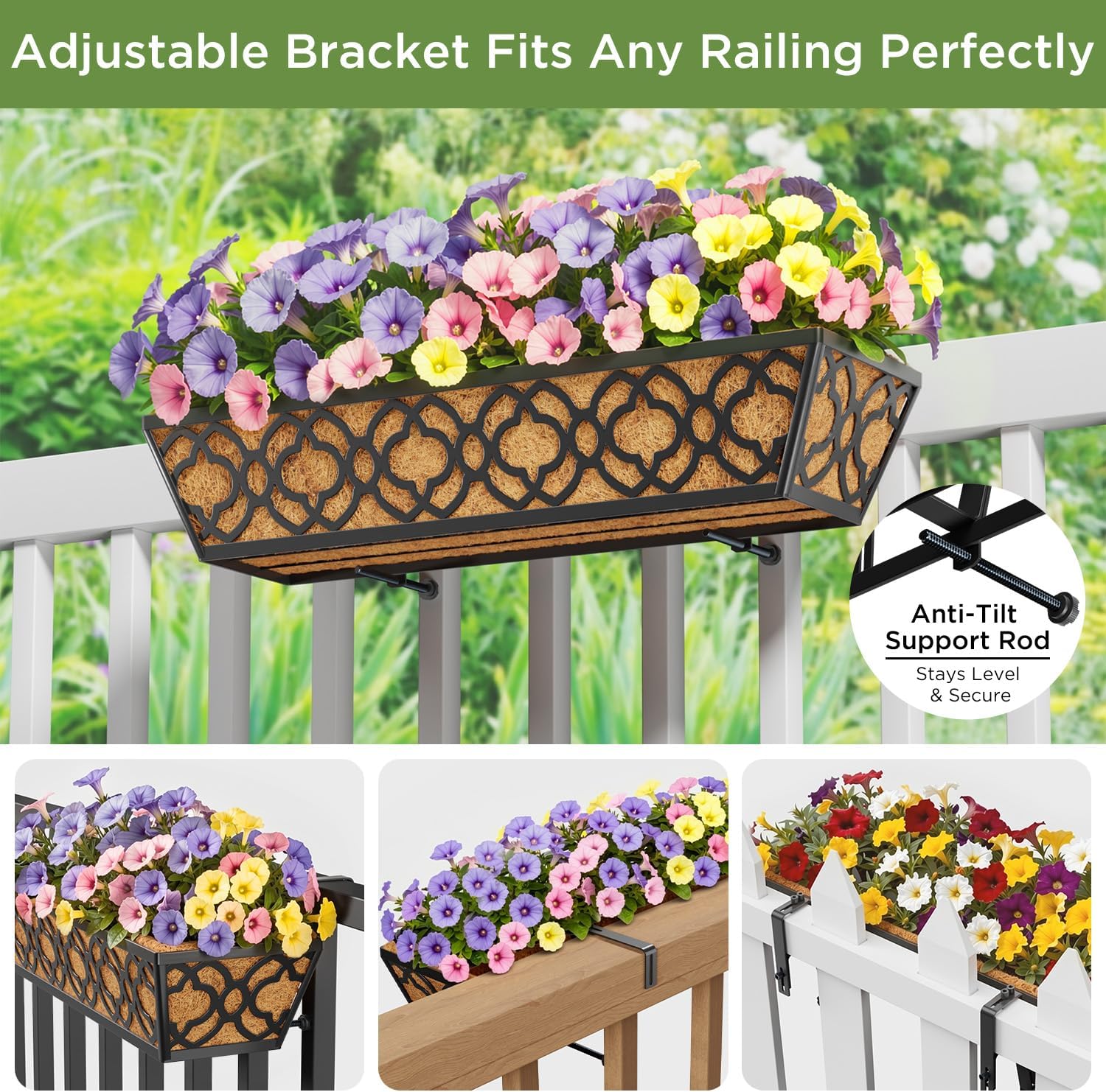 Y&M 24-Inch Window Planter Box 2Pcs Iron Deck Railing With Coco Liner, Metal Horse Troughs for Outdoor Balcony Rail Fence Porch Patio