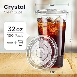 Fit Meal Prep 100 Pack 32 oz Clear Plastic Cups with Flat Lids, Disposable Iced Coffee Cups, BPA Free Premium Crystal Smoothie Cup for Party, Lemonade Stand, Cold Drinks, Juice, Milkshake