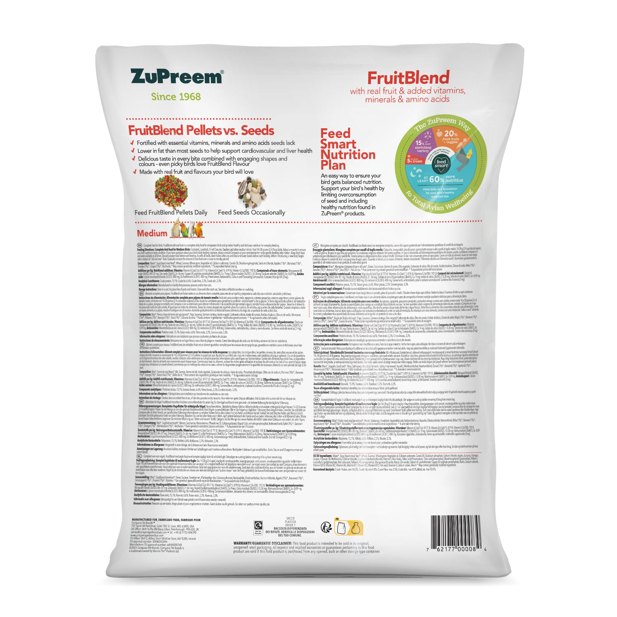 Zupreem Multifrutas Alimento para Aves de Compañía - Frutas y Vitaminas - Pienso para Pájaros Indicado para Agapornis, Cacatúas NINFA, Cotorras Argentinas y Otros Pájaros Medianos - 7,5 kg
