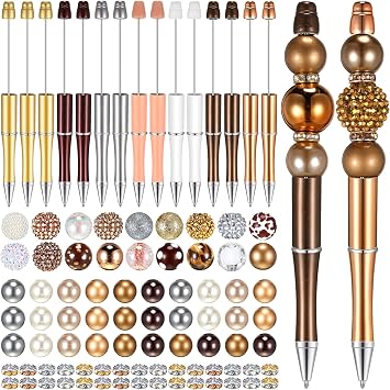 Geyee 15 Pcs Plastic Beadable Pens Assorted Bead Pens Multicolor Bubblegum Crystal Spacer Beads, Black Ink Ballpoint DIY Set, Back to School Gift for Student Summer Ocean Party GiftsGold Brown