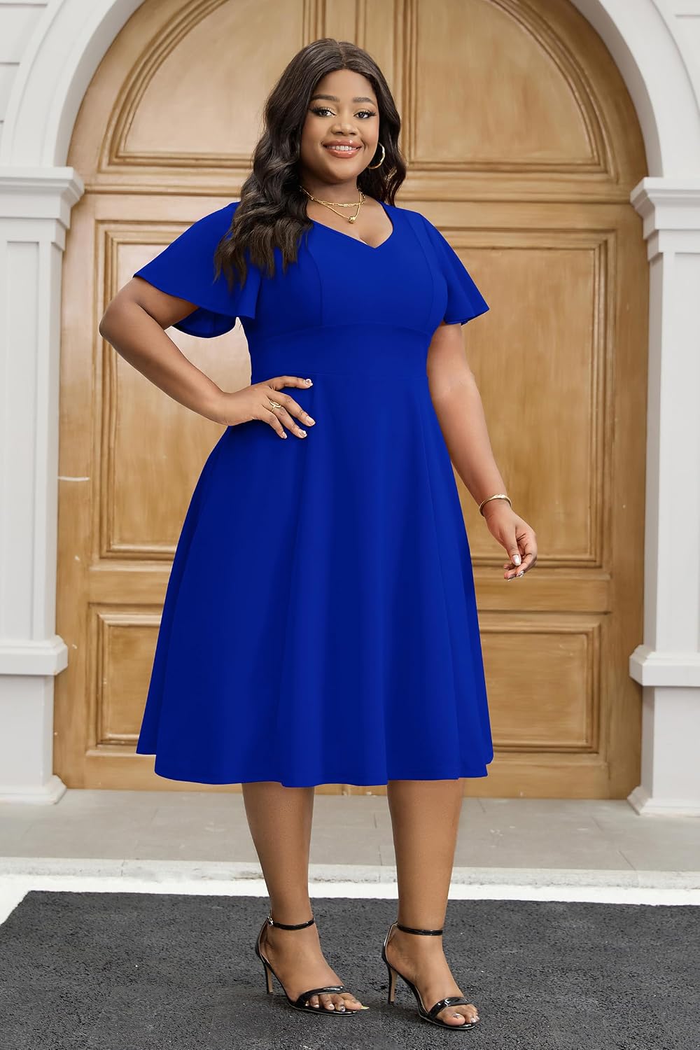 Runwind Plus Size Dress Church Dresses for Women Summer Casual V Neck Ruffle Sleeve Knee Length Dress with Pockets