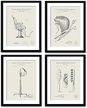 Vintage Hair Salon Decor | Set of 4 Prints of Barber Chair, Hair Dryer, Scissors & Hair Brush Patents | Beauty Salon Wall Art | Gift for Hairstylists & Barbers | Linen Background (11x14 Prints)