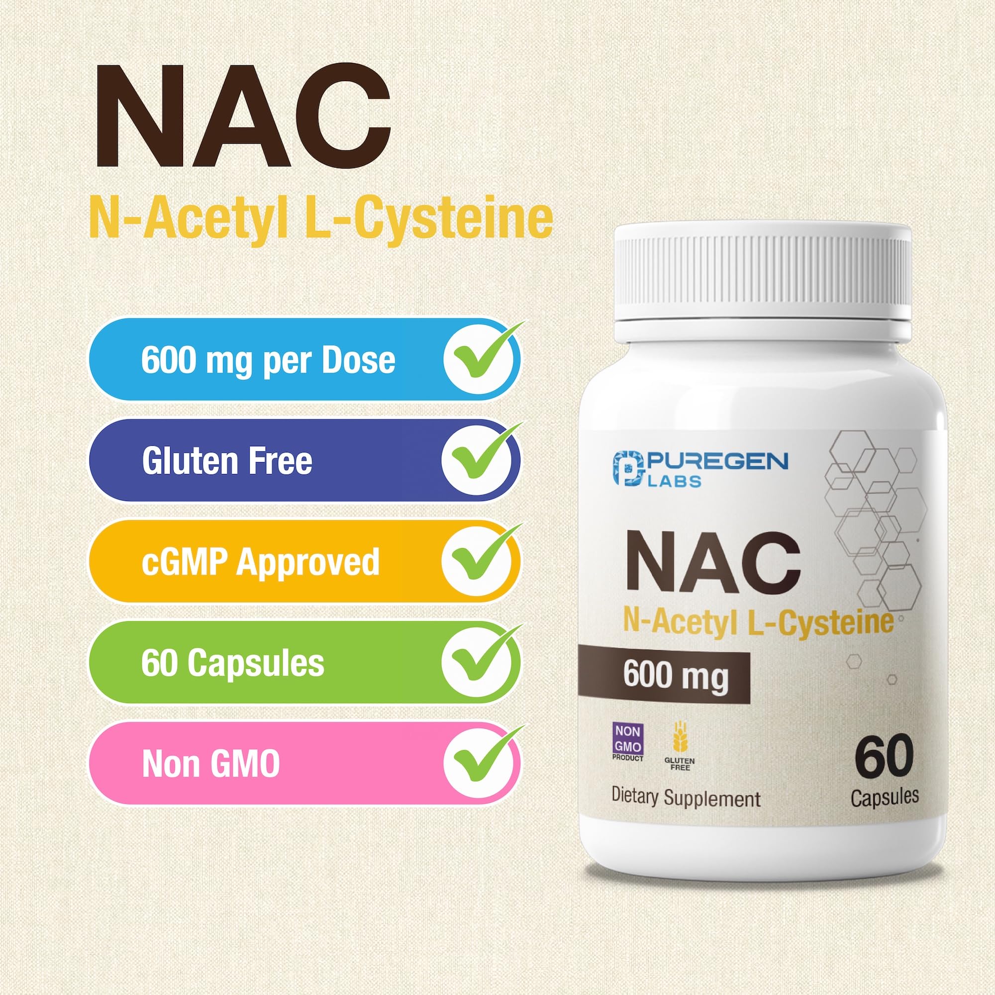 Puregen Labs Antioxidant Support, N-Acetyl-L-Cysteine (NAC) 600mg — Amazon image 3
