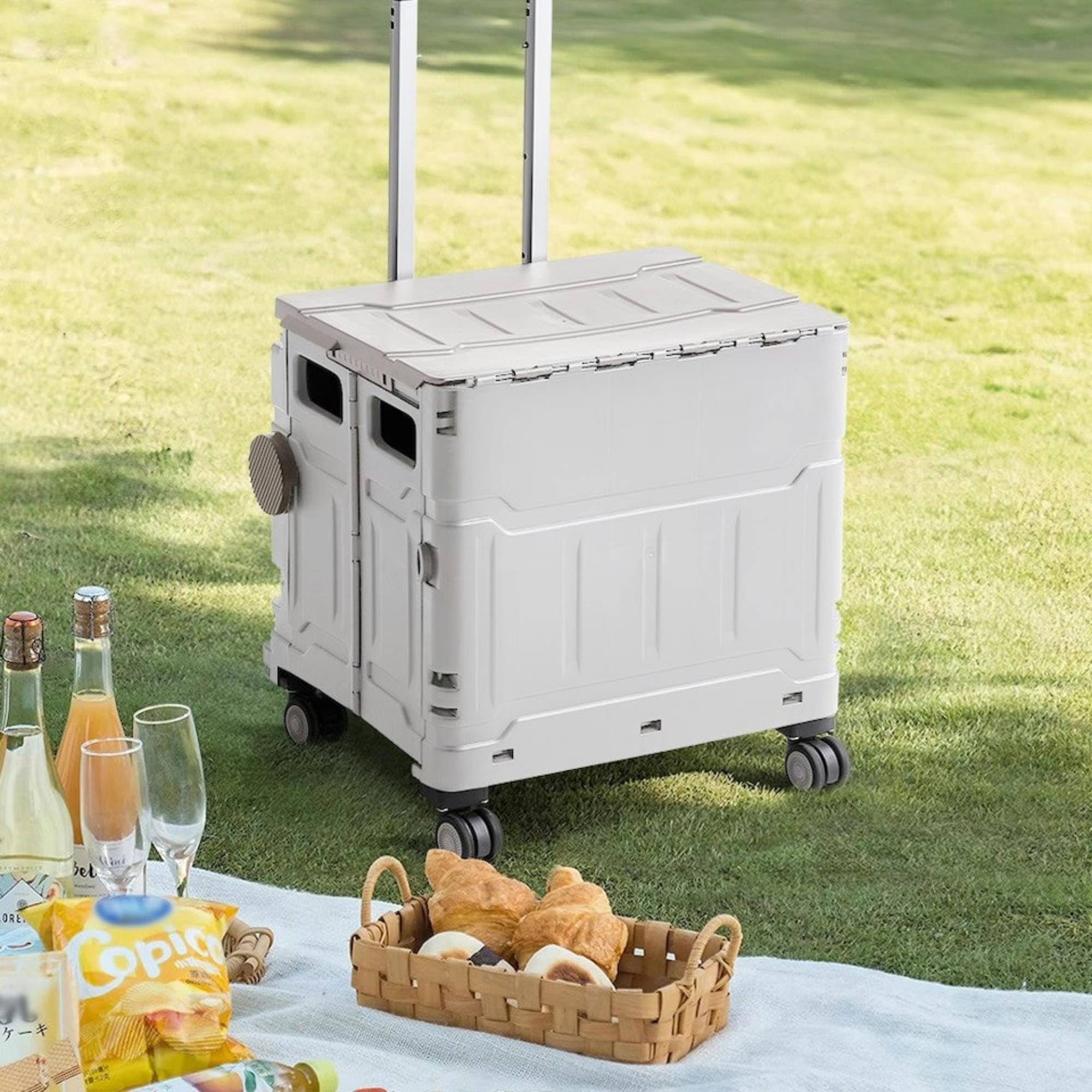 Well Home Carro de la Compra Plegable Tipo Caja con Tapa y Ruedas, Caja de Almacenaje para Maletero de Coche, Asa Telescópica Reforzada, Capacidad 56L