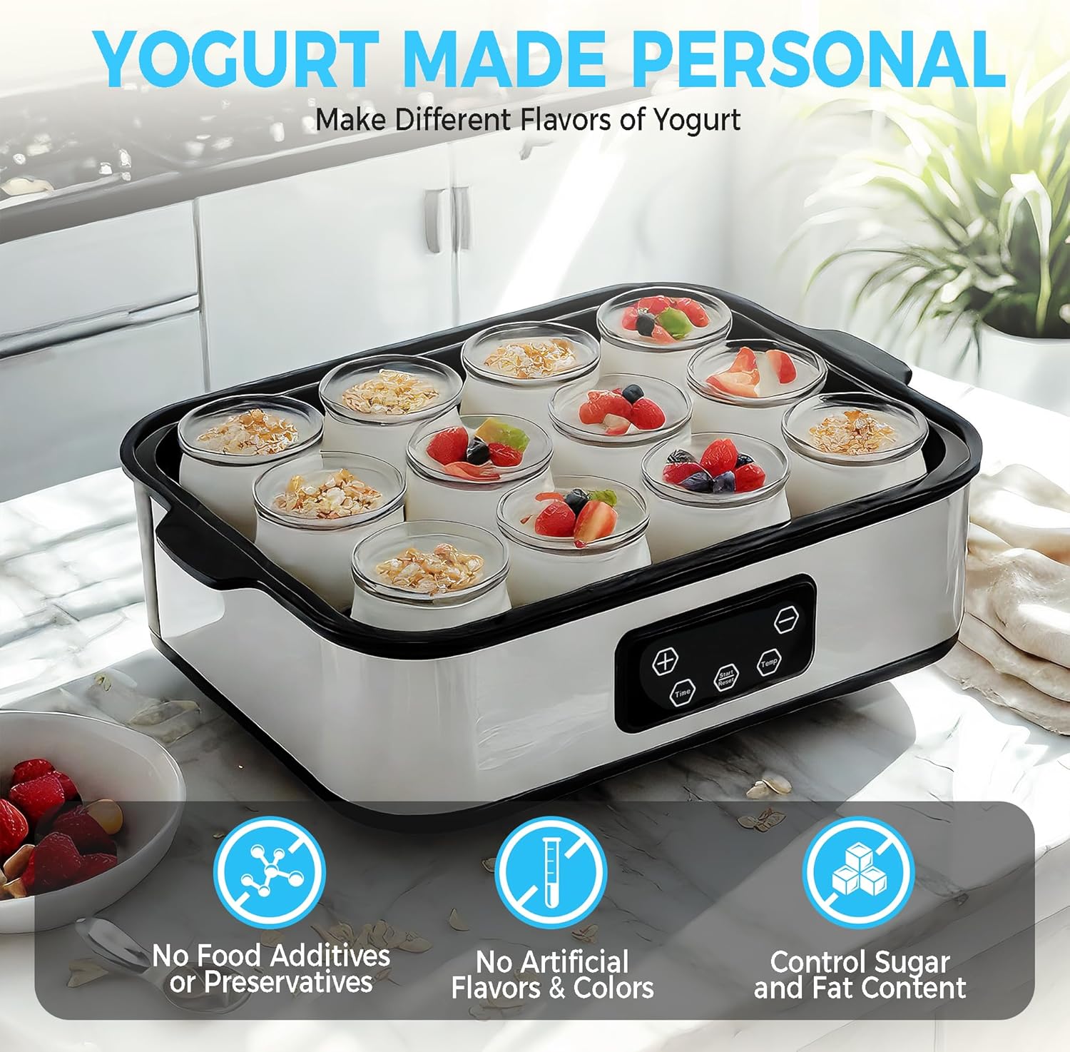 Yogurt Maker with Temperature Control, Automatic Yogurt Maker Machine 36 Hours Adjustable Time Probiotic Incubator - 12 Glass Jars