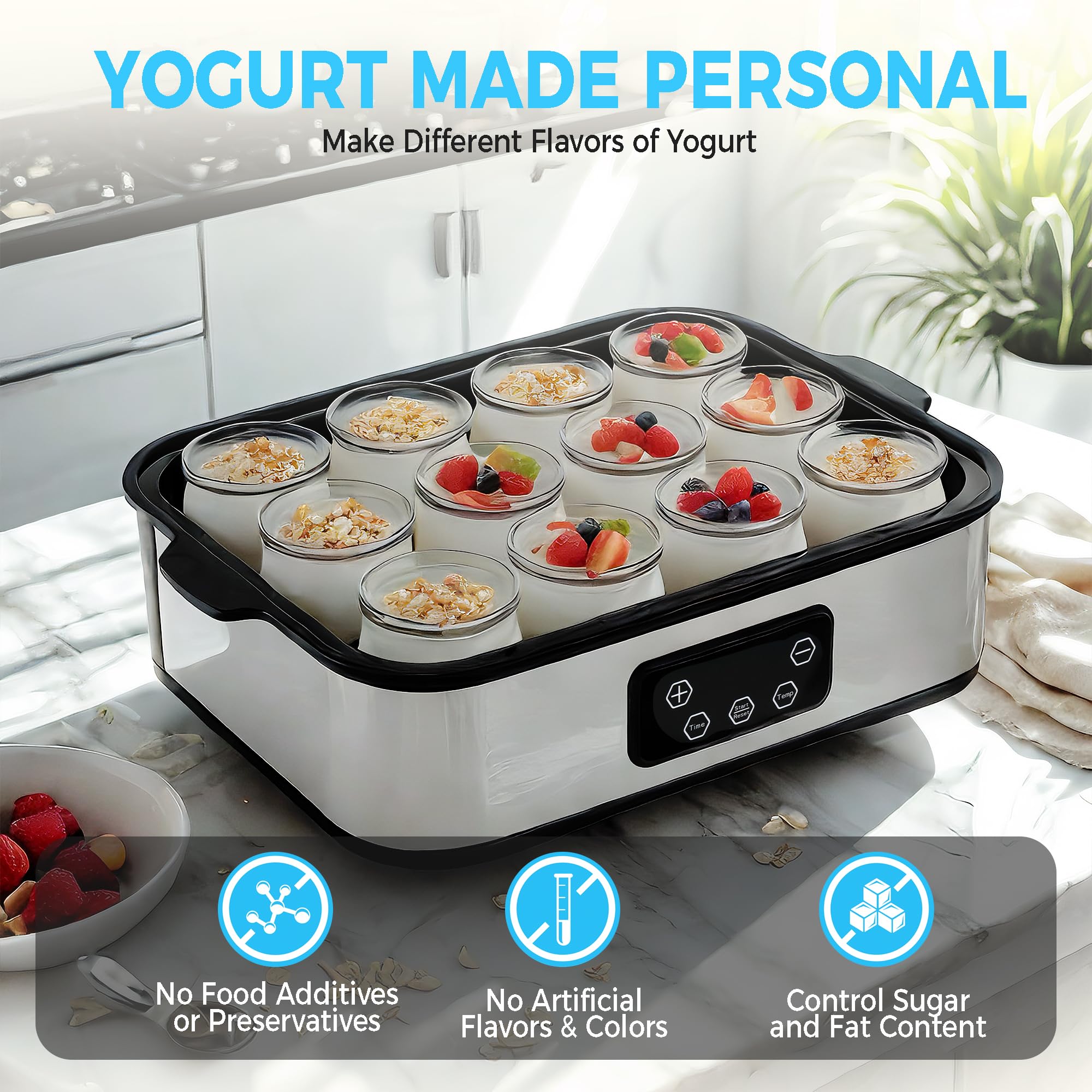 MACTANO Yogurt Maker with Temperature Control, Automatic Yogurt Maker Machine 36 Hours Adjustable Time Probiotic Incubator - 12 Glass Jars