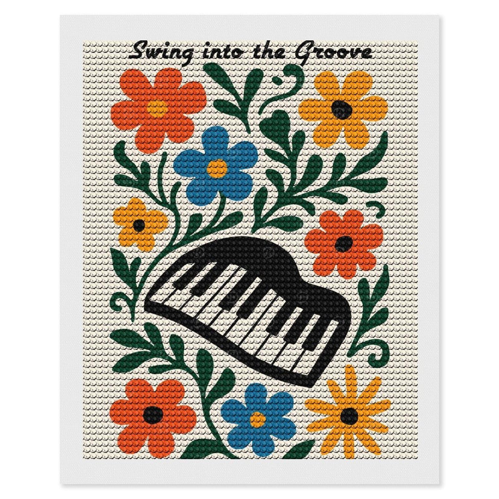 Junmoney Swing Into The Groove Floral Piano Diamond Painting Set 16"x20", Stress Relief Craft, Easy to Enjoy, Vintage Style Decor, Festive Craft Gift