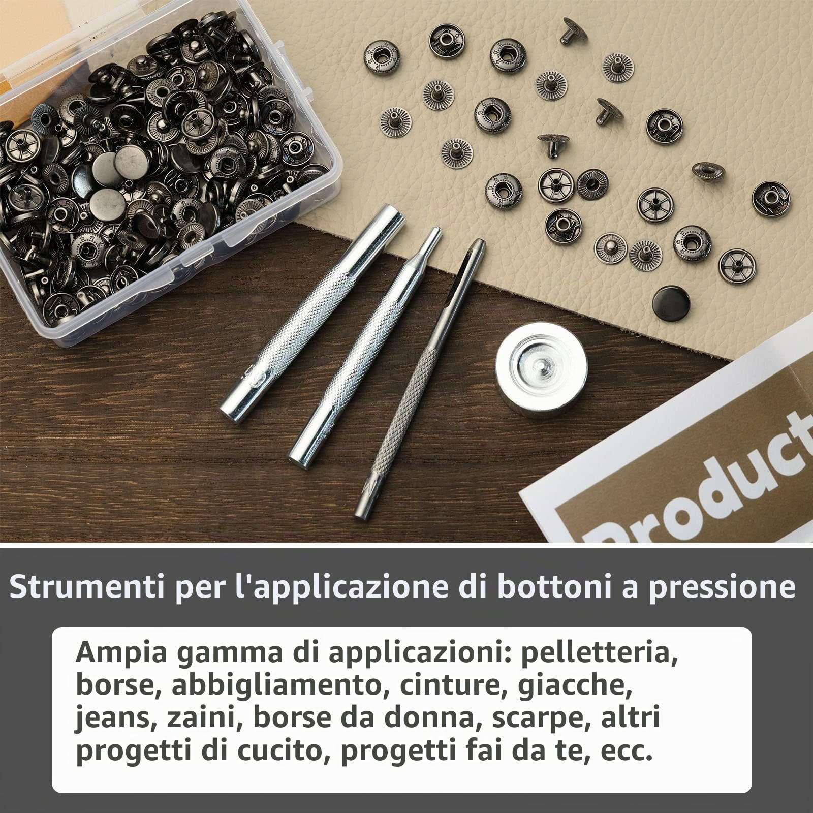 Benlay 50 set di bottoni a pressione in pelle, set di bottoni a pressione da 10 mm con strumento di installazione a 4 pezzi, bottoni a pressione in pelle per cucire vestiti, borse e lavori fai da te