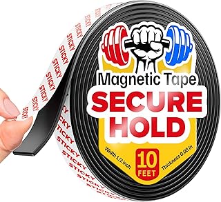 Super Sticky Magnetic Tape (10 feet x 1/2 inch) - Stong Magnet Strip with Adhesive Backing for DIY & Crafts - Easy to Cut and Mount on Fridges, Whiteboards & More