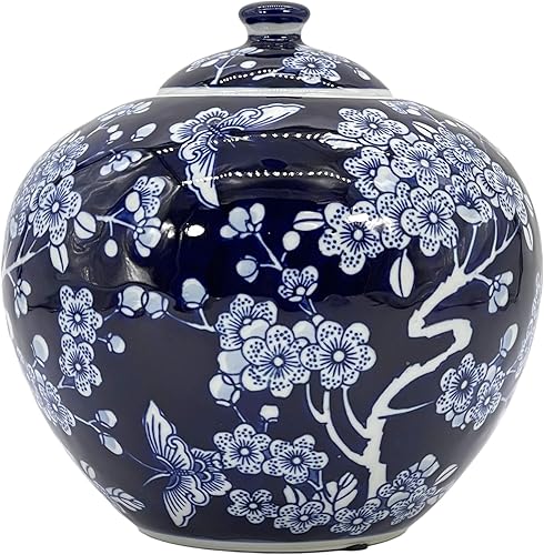 Galt International Tarro Chinoiserie Floral Oscuro Azul de 8" con Tapa, Tarro Decorativo de Jengibre, Centro de Mesa, Tarro de Almacenamiento de Té,