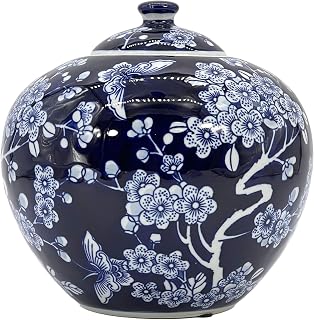 Galt International 8" Dark Blue Floral Chinoiserie Jar w/Lid Decorative Ginger Jar Centerpiece Tea Storage Candy Jar Home Decor Vase