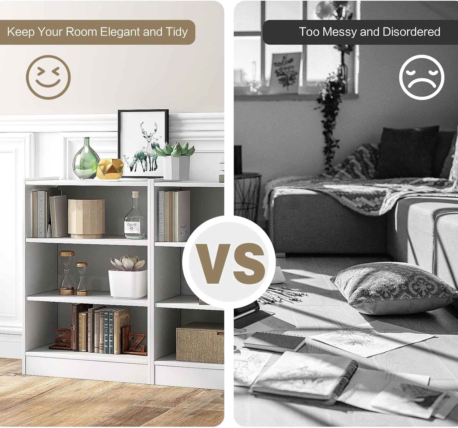 DORTALA 3 Tier Bookcase Set of 2, Freestanding Versatile Bookcase with Adequate Storage & Adjustable Shelves, Display Storage Home Organizer for Living Room Study, White