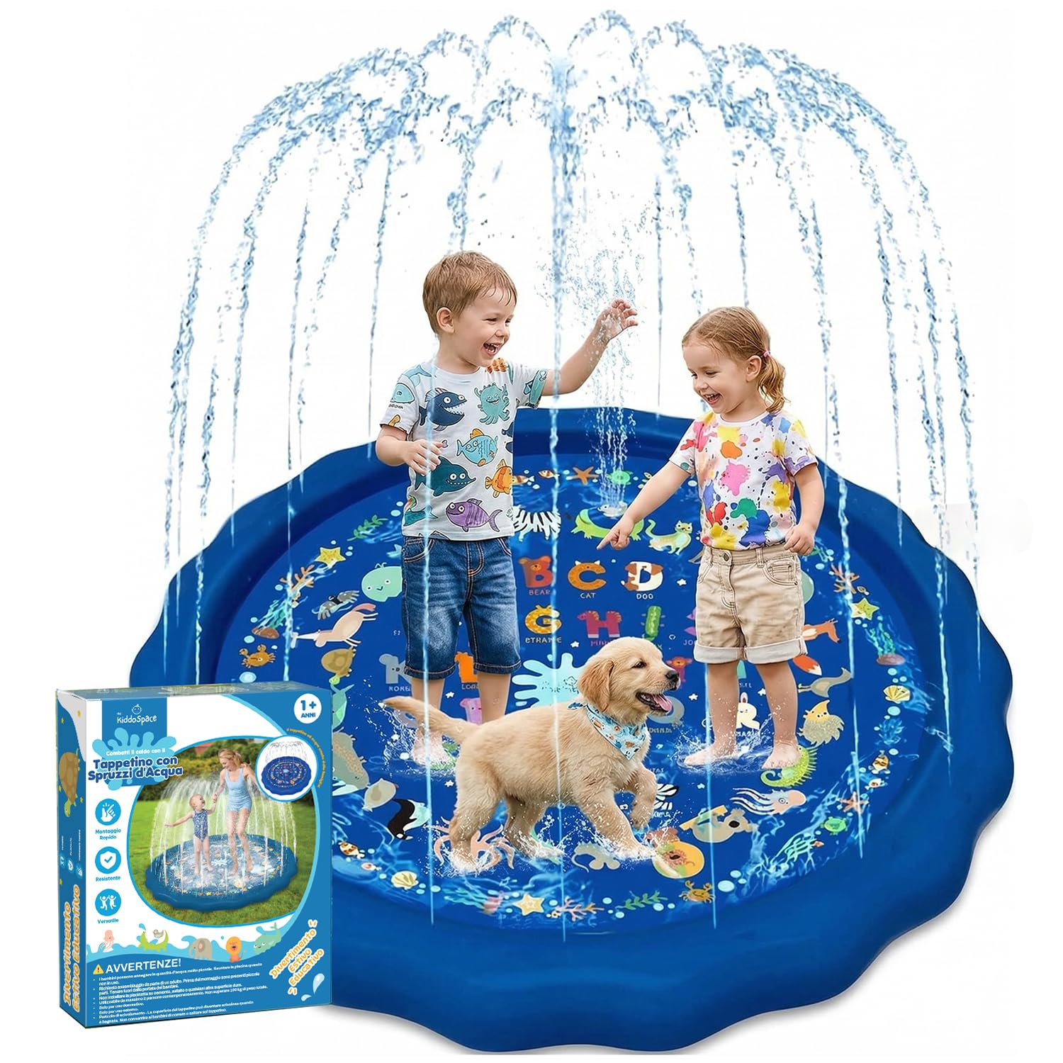 KiddoSpace Splash Pad per Bambini – Tappetino da gioco acquatico antiscivolo per esterni con design educativi, divertente attività estiva da giardino per neonati e bambini, include kit di riparazione