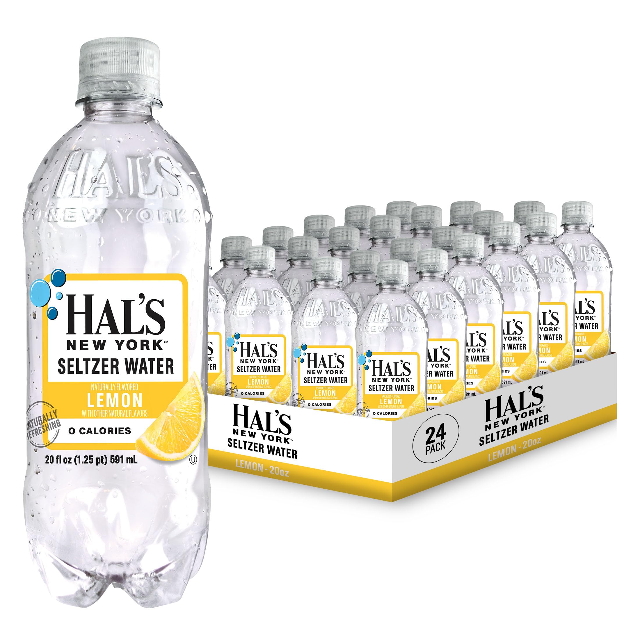 Hal's New York Seltzer Carbonated Lemon Flavored Sparkling Water, Zero Sugar, Zero Calorie, Zero Carbs, 20 Fl Oz (Pack of 24)