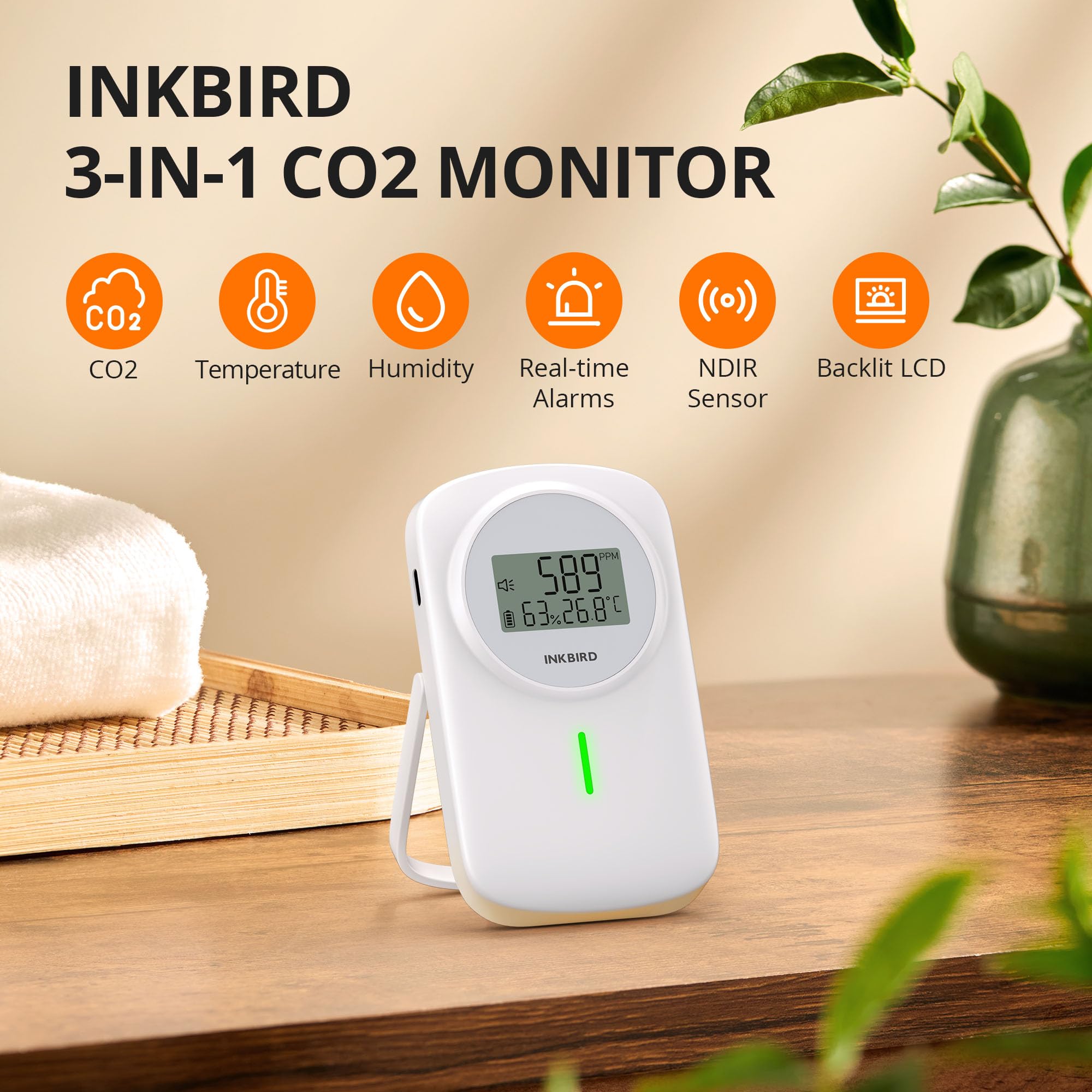 Inkbird IAM-O2 Détecteur de CO2 Température Humidité pour Maison Bureau | Moniteur Qualité Air Intérieur, Alarme Intelligente, Fonction Mémoire