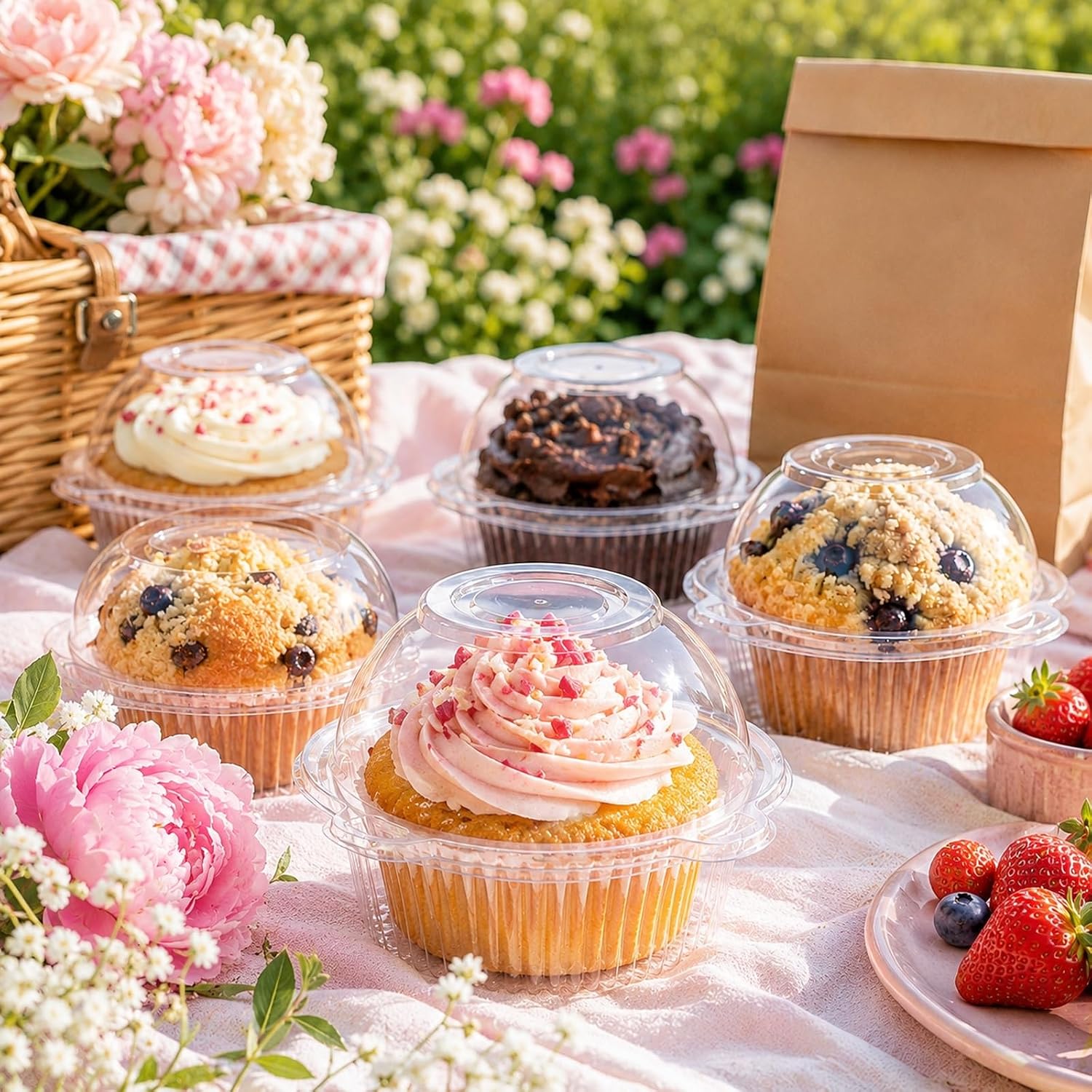NPLUX 50 Pack Individual Cupcake Containers Plastic Cupcake Holders Deep Dome Muffin Containers