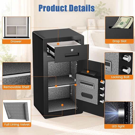 6.8 Cu Ft Large Safe Box Fingerprint Biometric Drop Safe Home Safe Money Safe Box with Key Drawer,Drop Slot,Dual Alarm System, LCD Keypad,Removable Shelf for Home Use Office Hotel