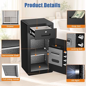 6.8 Cu Ft Large Safe Box Fingerprint Biometric Drop Safe Home Safe Money Safe Box with Key Drawer,Drop Slot,Dual Alarm System, LCD Keypad,Removable Shelf for Home Use Office Hotel