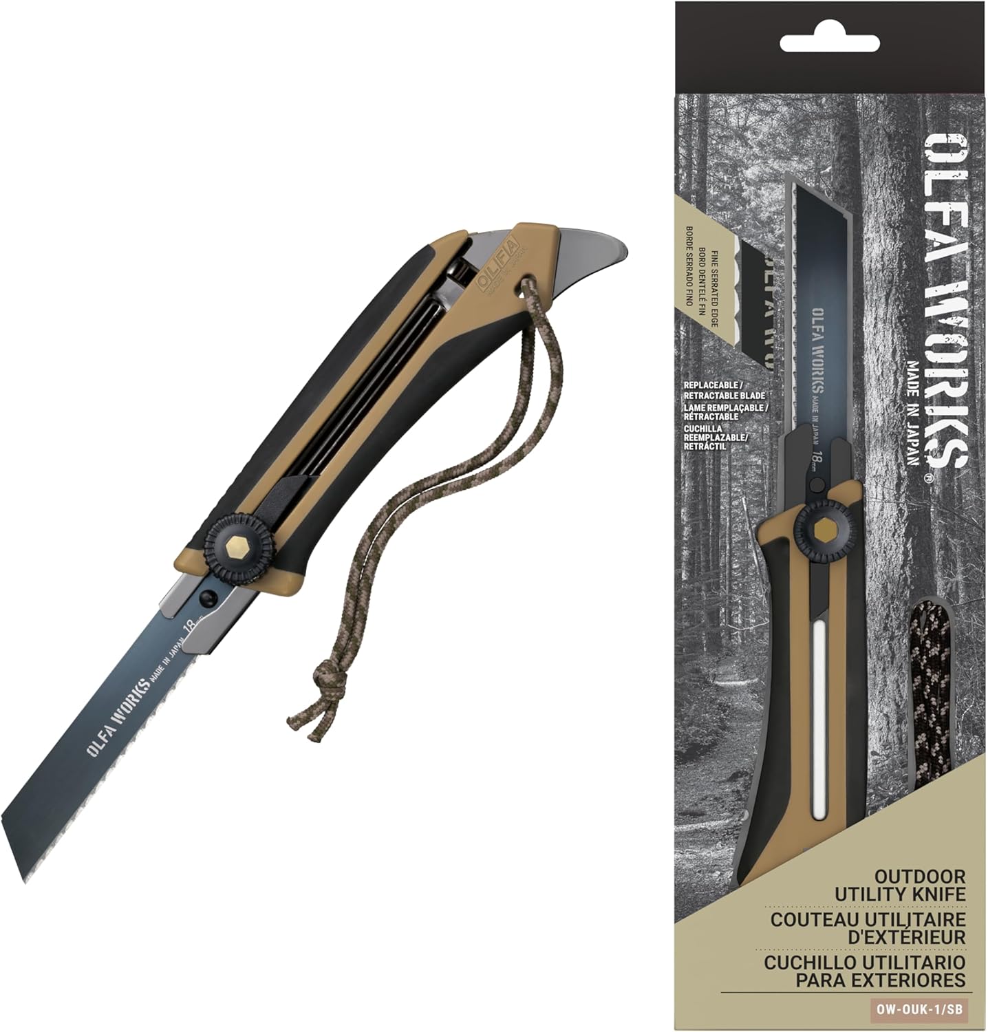 OLFA WORKS OW-OUK-1/SB Outdoor Knife, Fine Serrated Edge Blade for Confident Cutting - Multi Purpose Outdoor Knife Designed to Handle Slippery Materials like Rope, Plastic, and Canvas - Ratchet-wheel lock, Replacement Blade: OWB-OKB-1/3B (Sand)